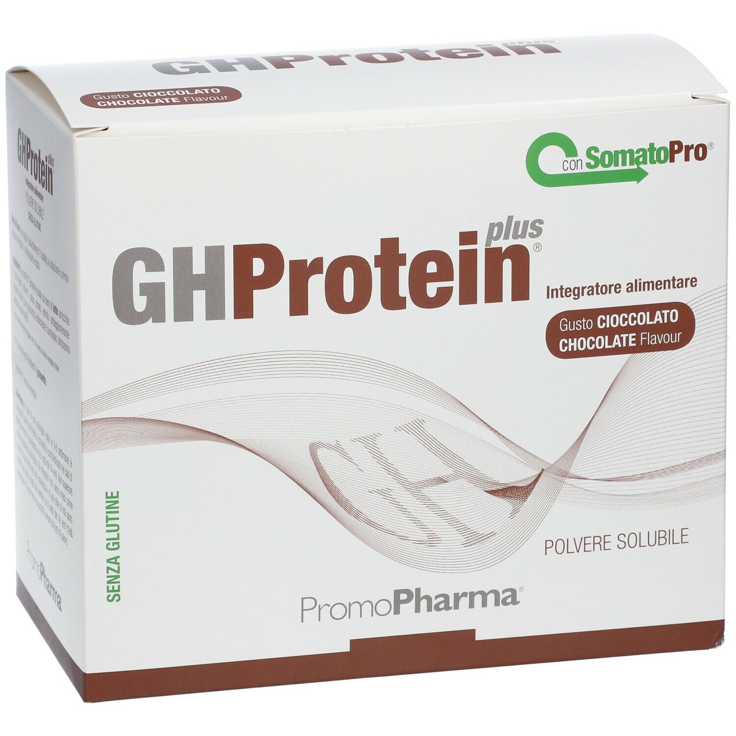 PromoPharma® Gh Protein Plus® Cioccolato. Scatola bianca con nome del prodotto e indicazione del gusto. Contiene 'senza glutine'.