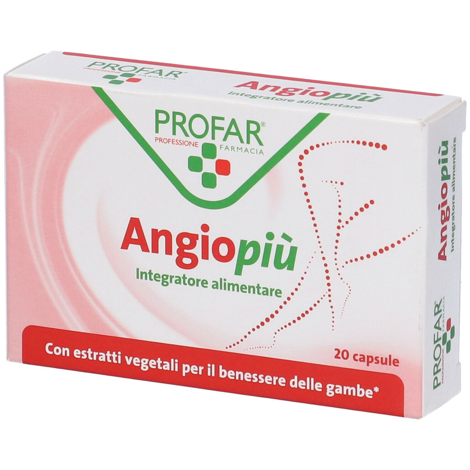 Scatola bianca con logo rosso e verde. Testo: Angiopiù, Integratore alimentare, 20 capsule. Con estratti vegetali.