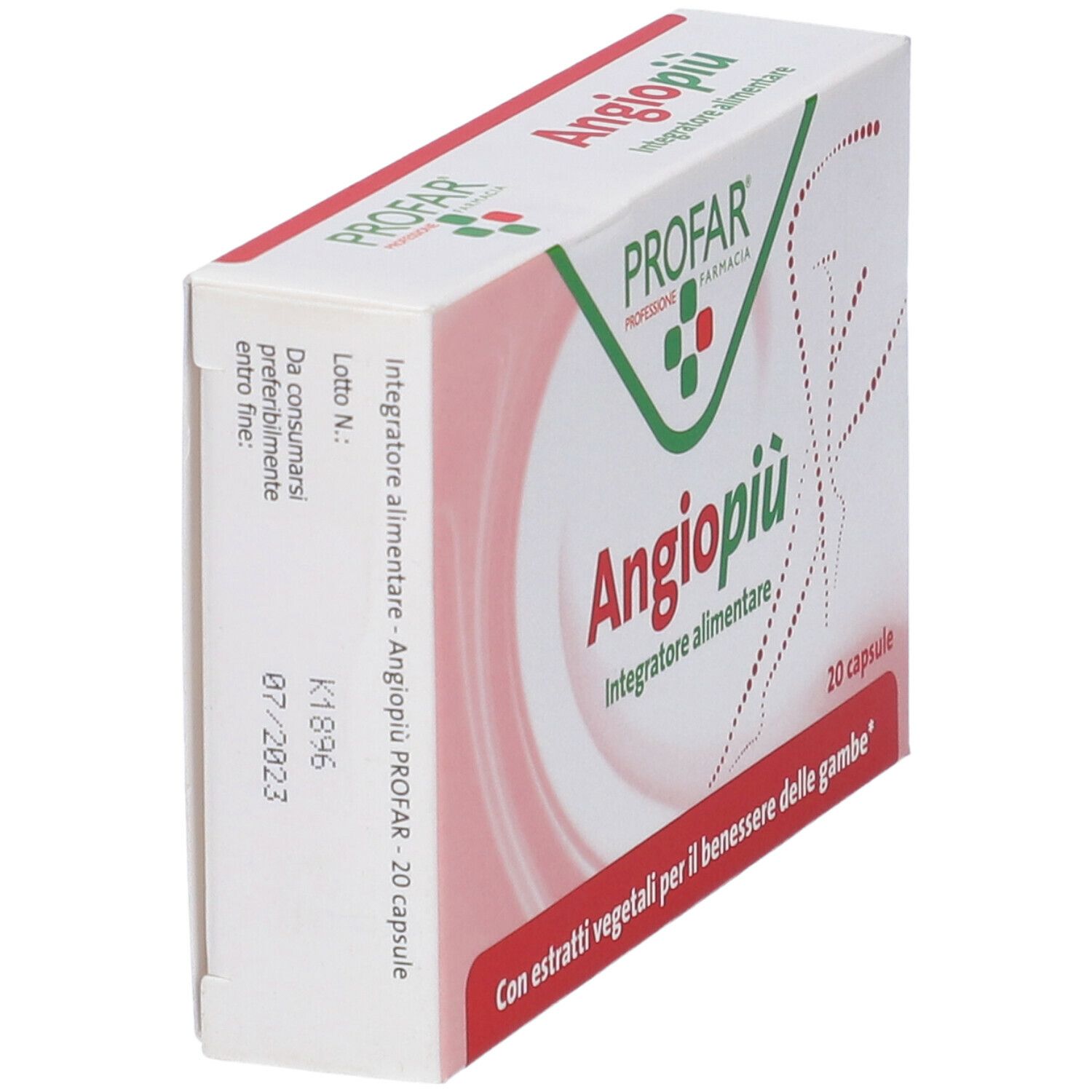 Scatola Angiopiù, bianca con logo rosso e verde. Testo: Angiopiù, Integratore alimentare, 20 capsule. Con estratti vegetali.