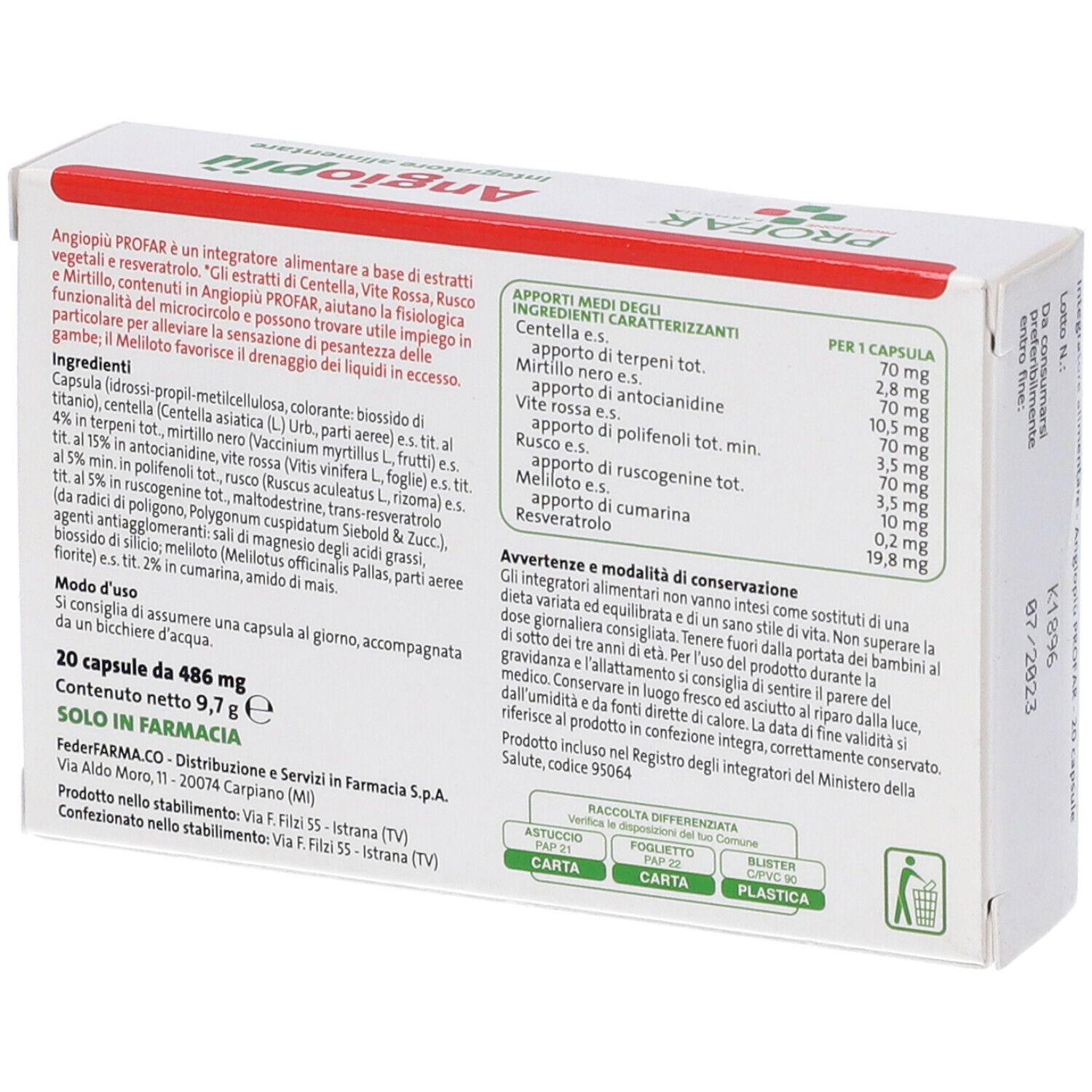 Retro della scatola Angiopiù. Testo: ingredienti, uso, avvertenze. 20 capsule. Solo in farmacia.