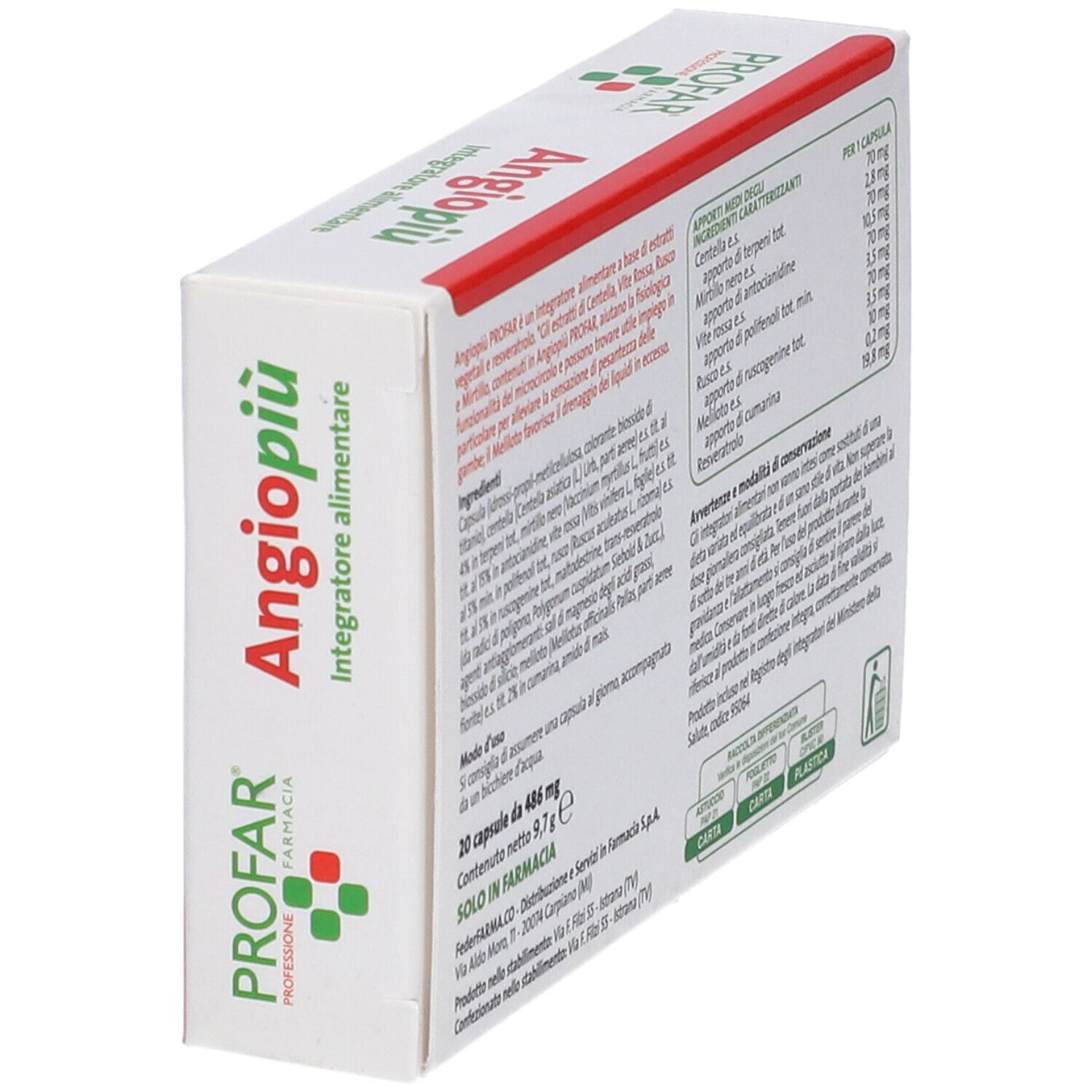 Scatola Angiopiù, bianca con logo rosso e verde. Testo: Angiopiù, Integratore alimentare, 20 capsule. Solo in farmacia.