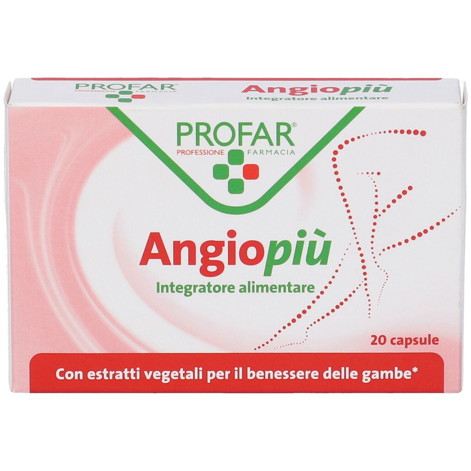 Scatola bianca con logo rosso e verde. Testo: Angiopiù, Integratore alimentare, 20 capsule. Con estratti vegetali.