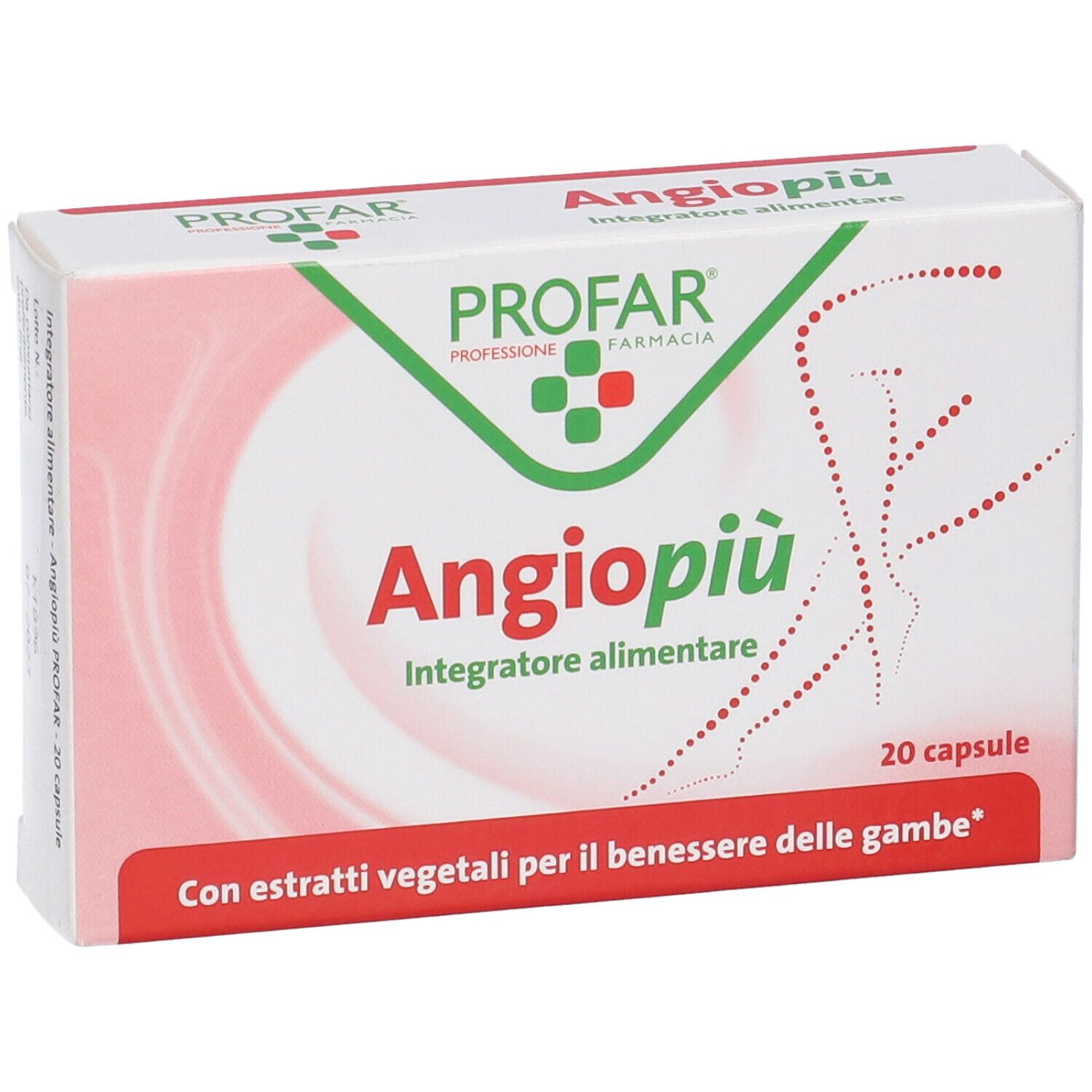 Scatola bianca con logo rosso e verde. Testo: Angiopiù, Integratore alimentare, 20 capsule. Con estratti vegetali.