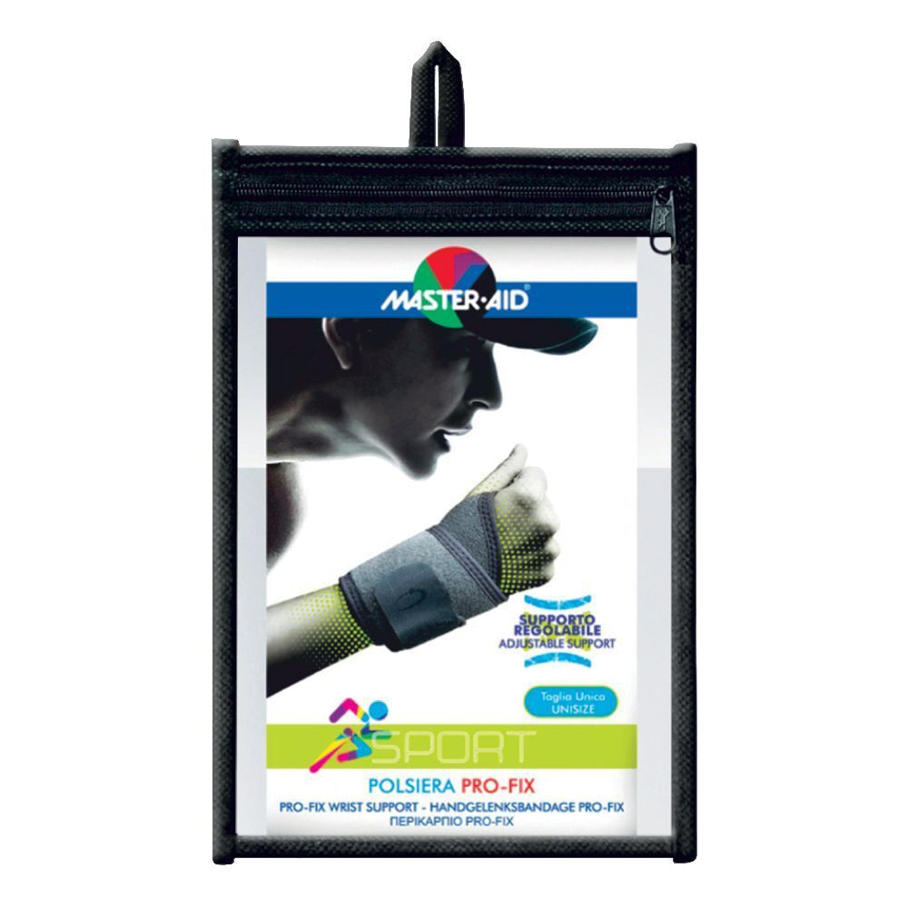 Confezione di supporto per polso Sport. Marchio Master Aid, modello Pro-Fix. Immagine di un polso con bendaggio.