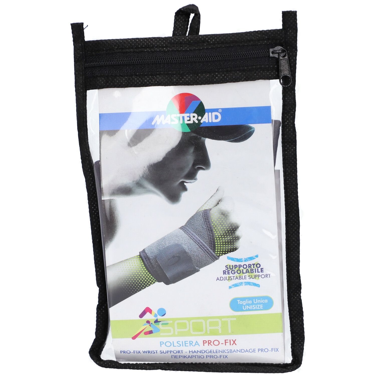 Confezione di supporto per polso Sport. Marchio Master Aid, modello Pro-Fix. Prodotto visibile nella confezione.