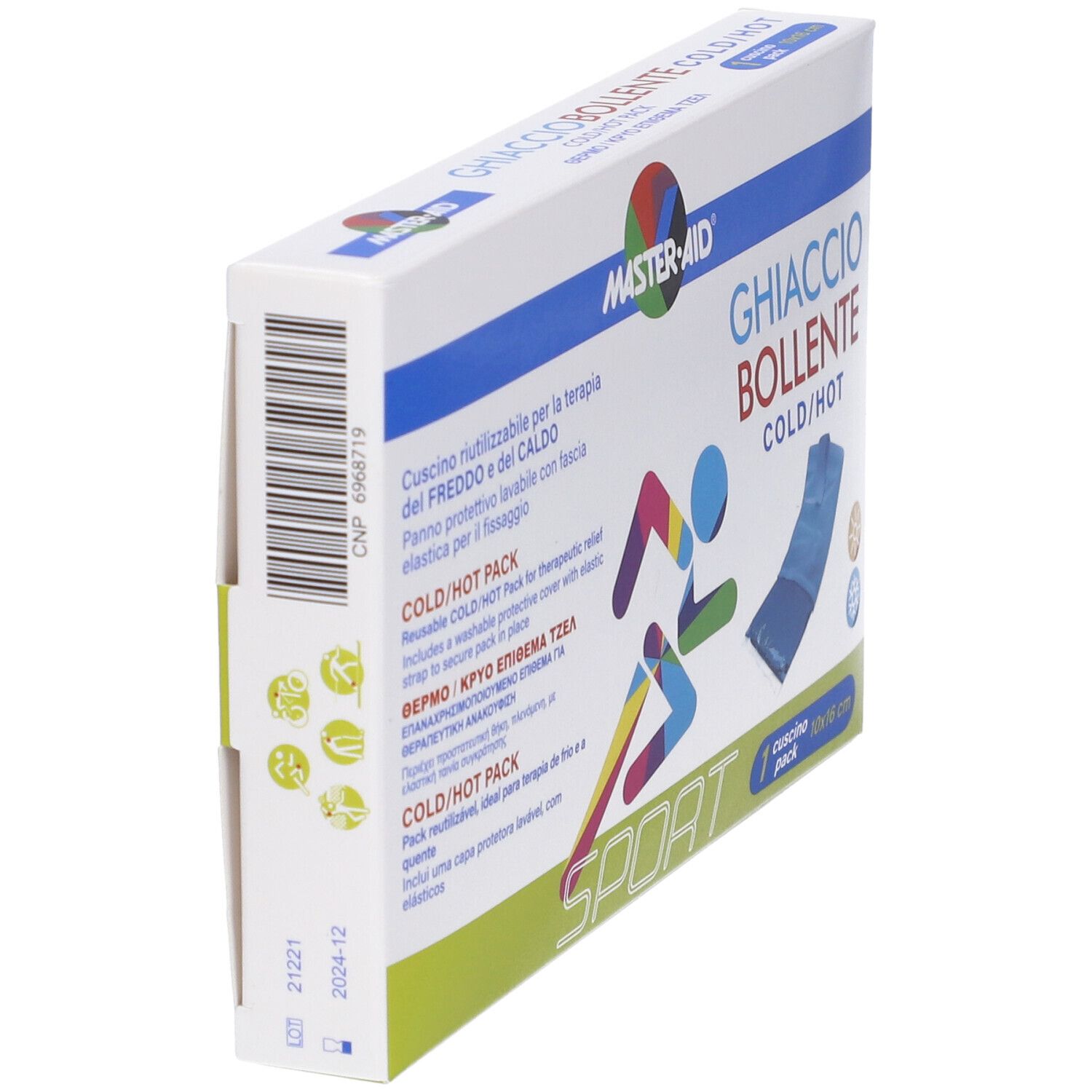 Ghiaccio Bollente Cold/Hot Pack Verpackung. Seitenansicht. Enthält ein Kissen. Marke: Master-Aid.