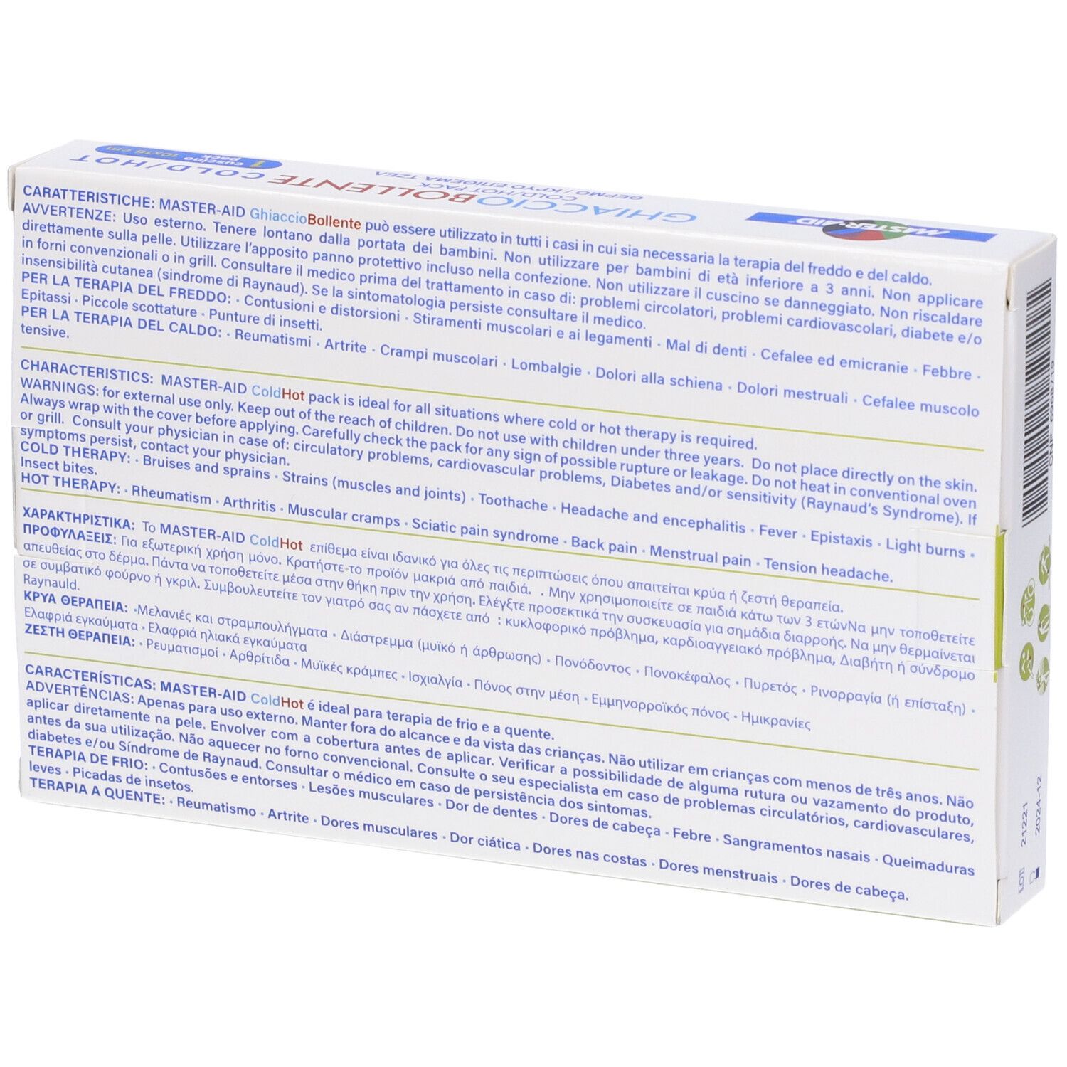 Rückseite der Ghiaccio Bollente Cold/Hot Pack Verpackung. Text in mehreren Sprachen. Marke: Master-Aid.