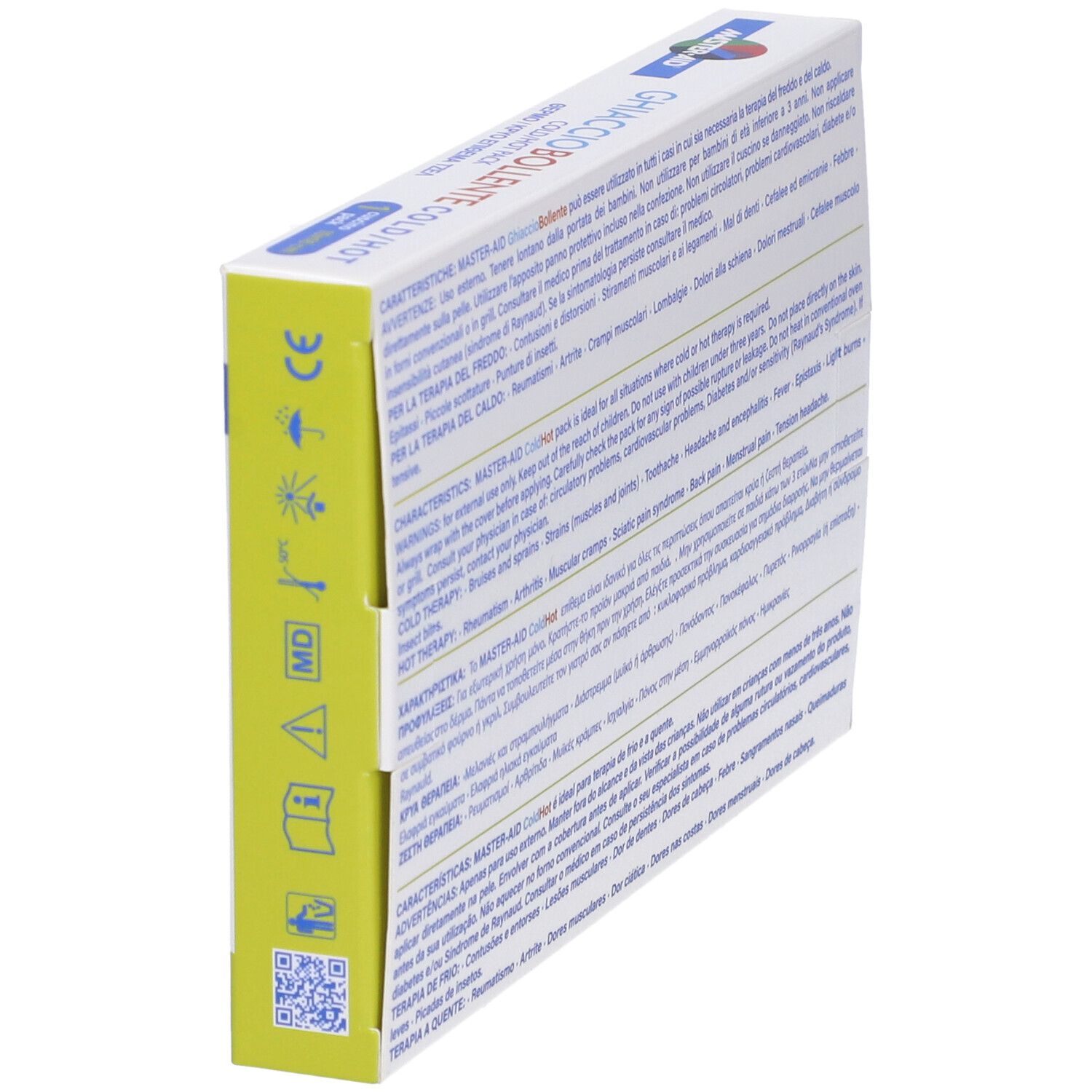 Ghiaccio Bollente Cold/Hot Pack Verpackung. Seitenansicht mit Text. Marke: Master-Aid.