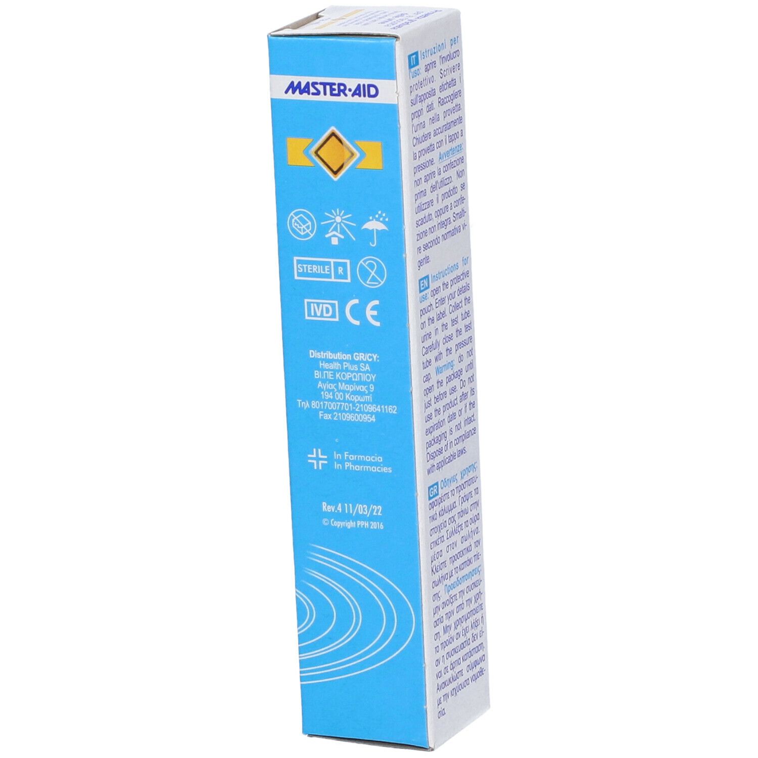 Verpackung für ein medizinisches Produkt mit Symbolen und Text.
