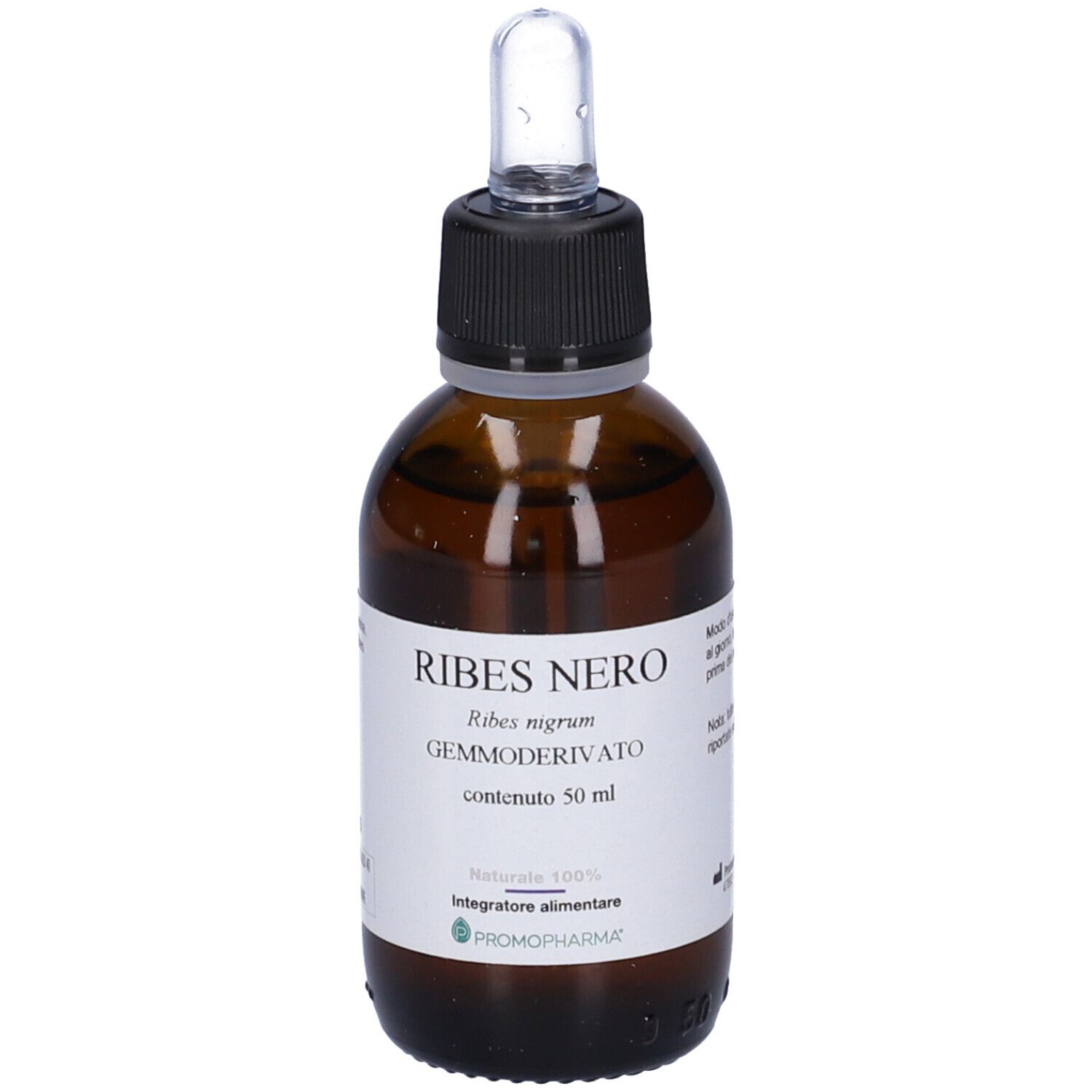 Flacone di vetro marrone con tappo nero e contagocce. Etichetta con testo: Ribes Nero, Gemmoderivato, 50 ml.