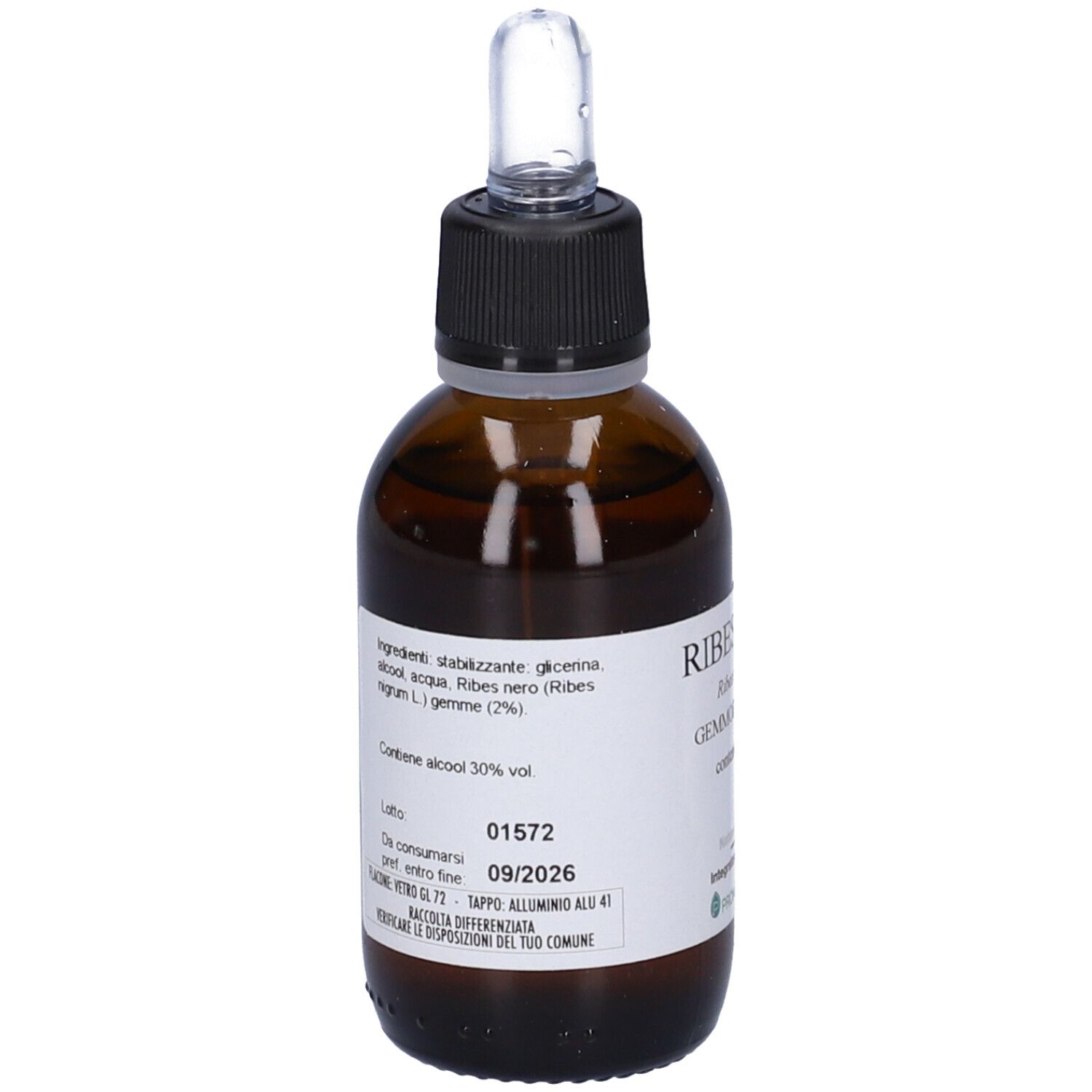 Flacone di vetro marrone con tappo nero e contagocce. Etichetta con ingredienti e data di scadenza 09/2026.