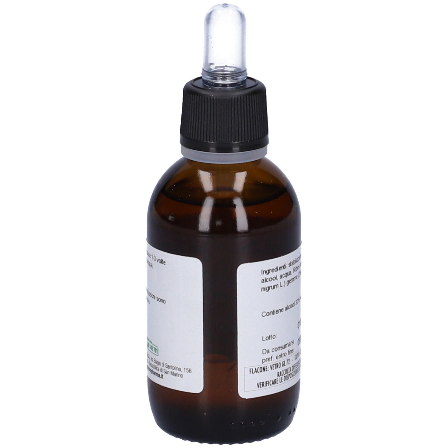 Flacone di vetro marrone con tappo nero e contagocce. Etichetta con ingredienti e gradazione alcolica 30% vol.