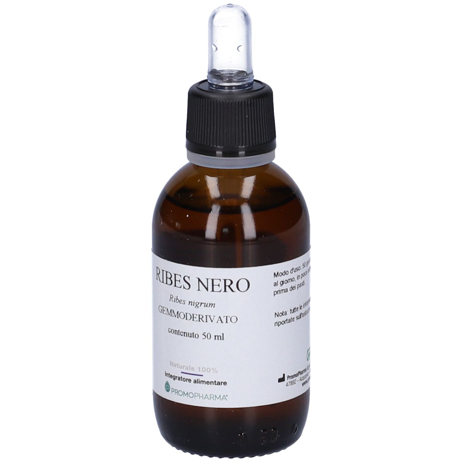 Flacone di vetro marrone con tappo nero e contagocce. Etichetta con testo: Ribes Nero, Gemmoderivato, 50 ml.