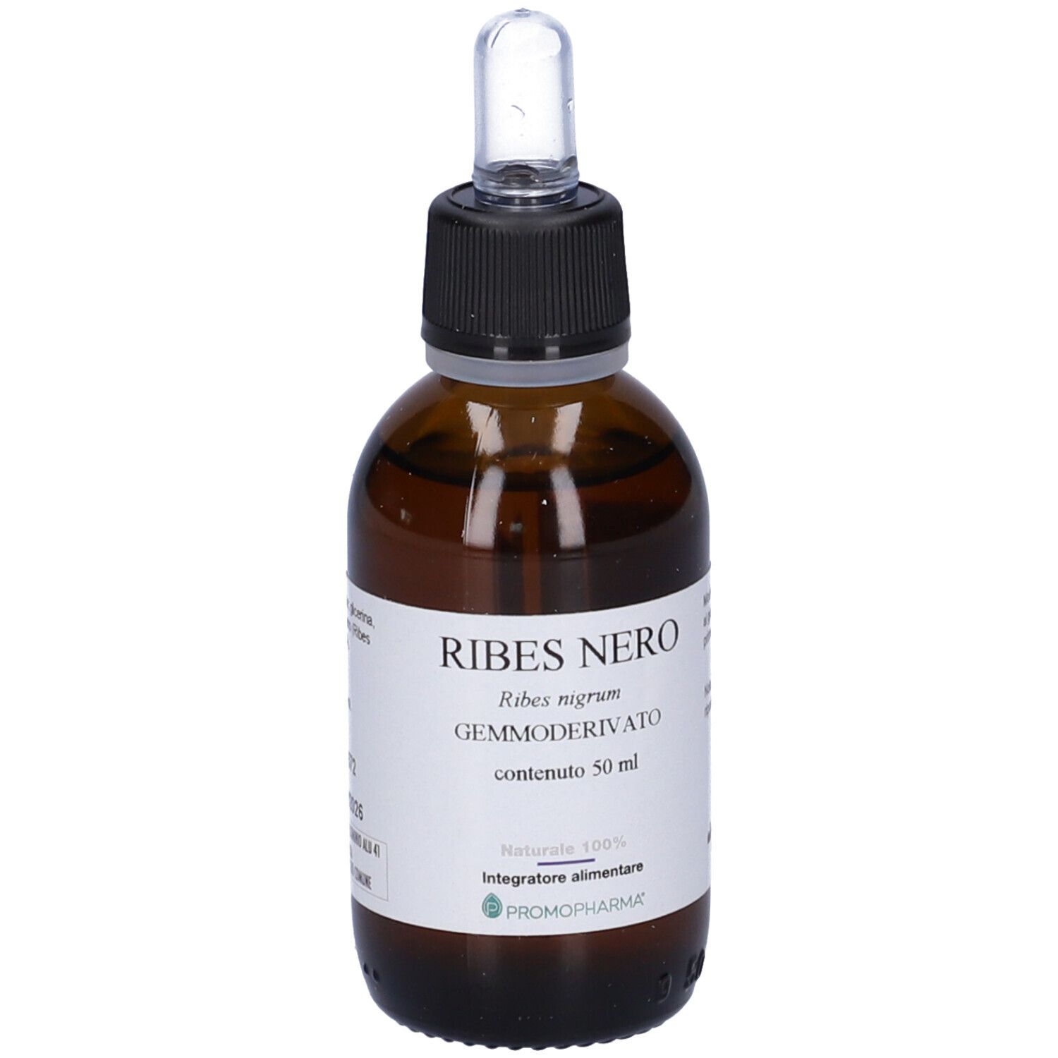 Flacone di vetro marrone con tappo nero e contagocce. Etichetta con testo: Ribes Nero, Gemmoderivato, 50 ml.