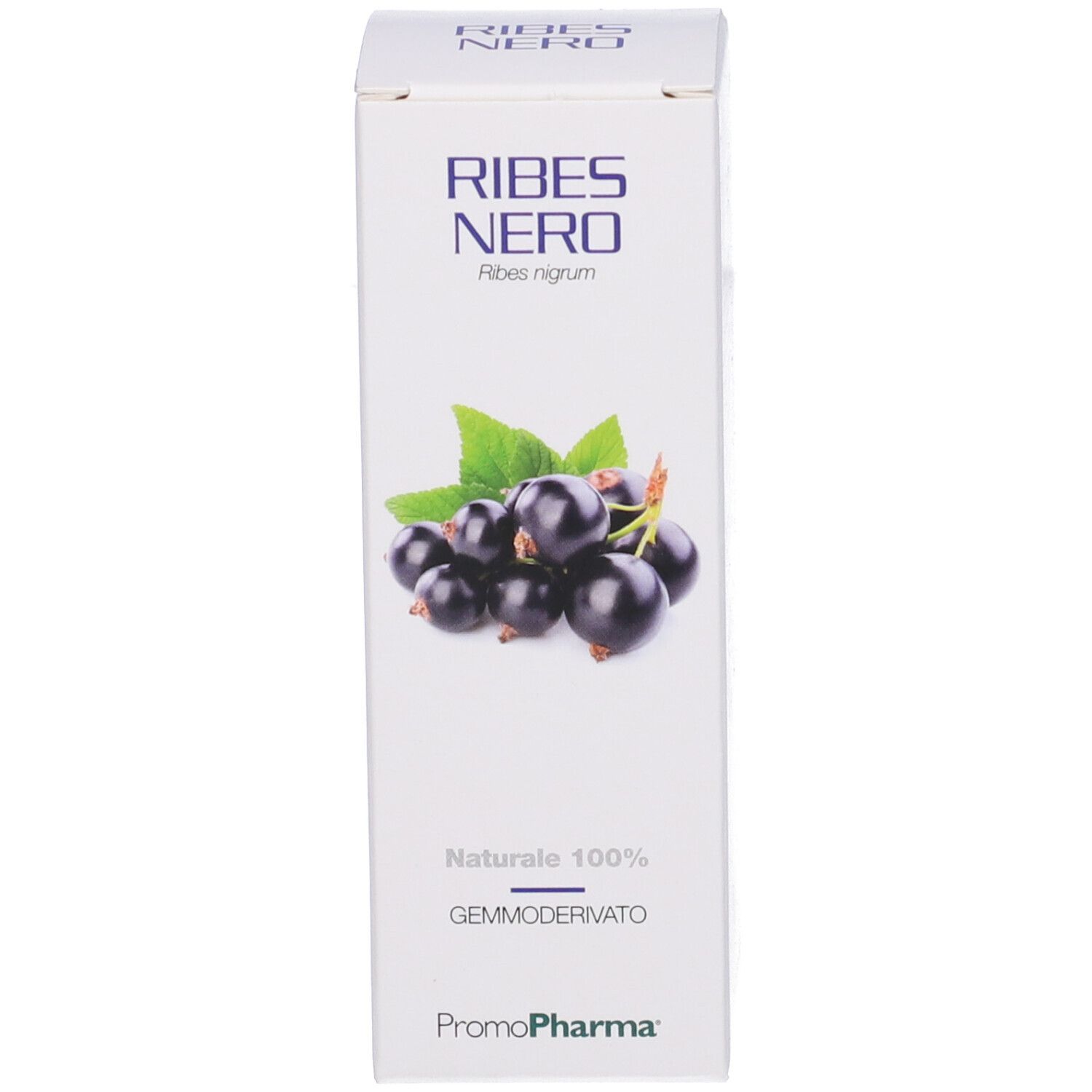 Scatola bianca con testo: Ribes Nero, illustrazione di ribes neri. Marchio PromoPharma.
