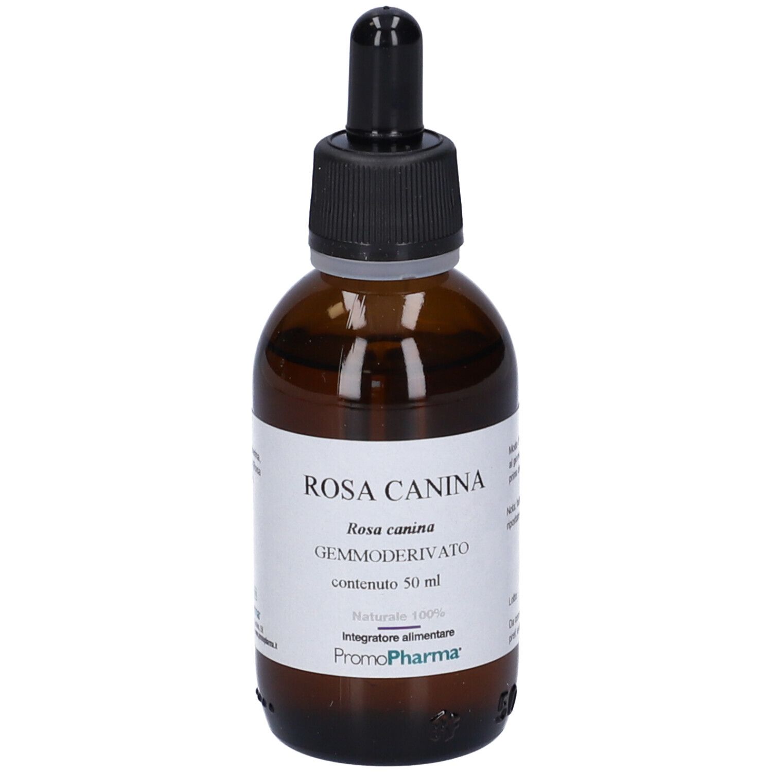 Flacone di vetro marrone con contagocce nero. Etichetta con testo: Rosa Canina Gemmoderivato, PromoPharma.