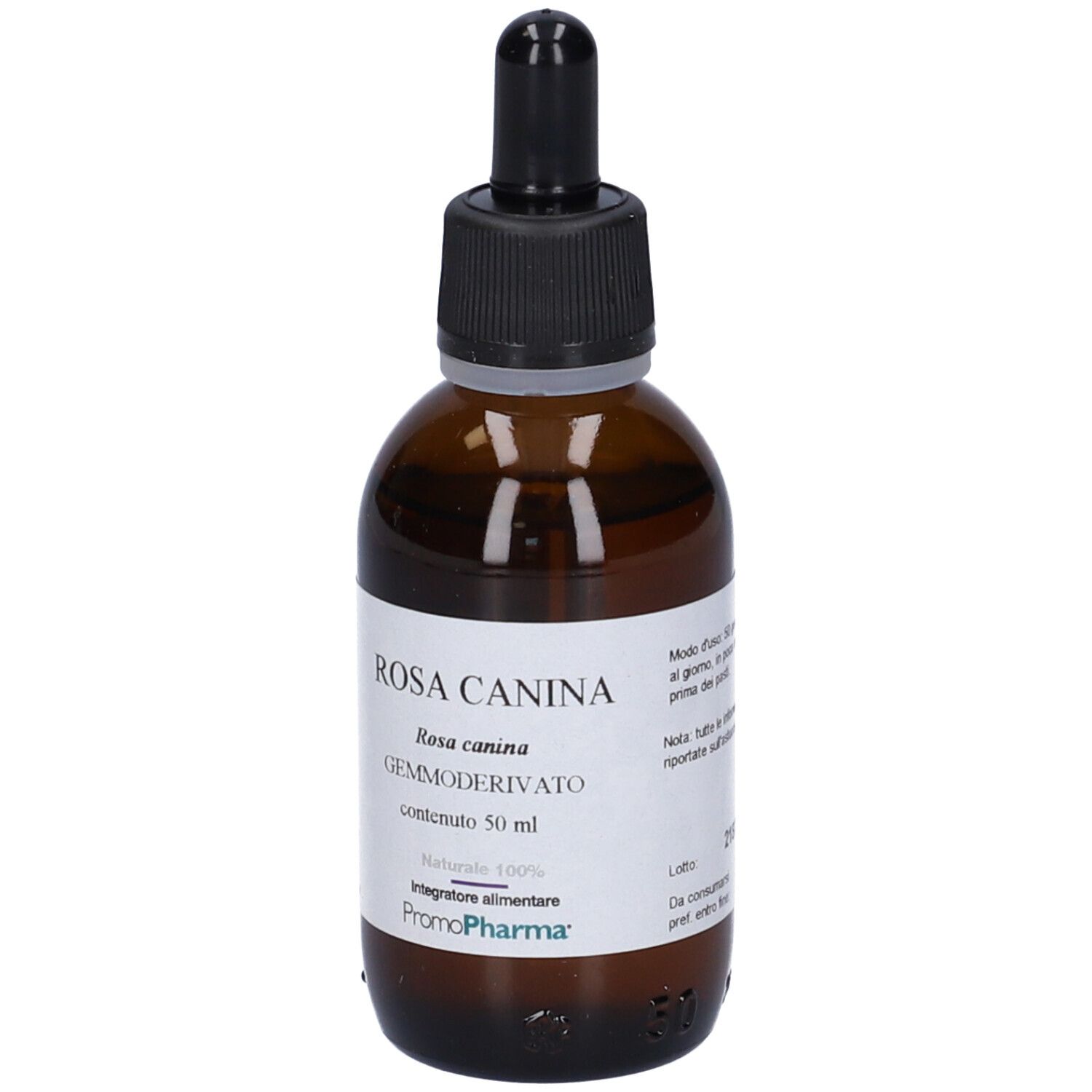 Flacone di vetro marrone con contagocce nero. Etichetta con testo: Rosa Canina Gemmoderivato, PromoPharma.
