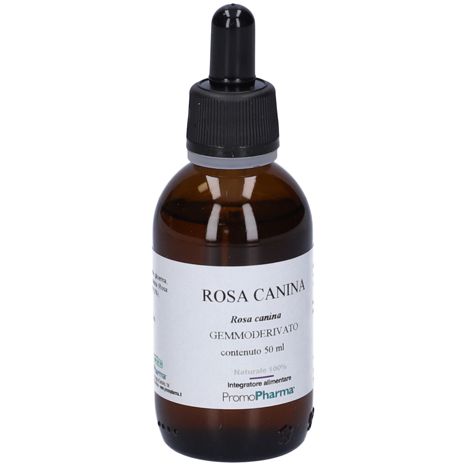 Flacone di vetro marrone con contagocce nero. Etichetta con testo: Rosa Canina Gemmoderivato, PromoPharma.