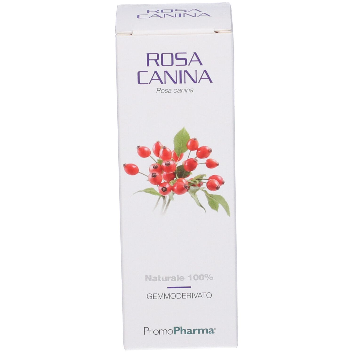 Confezione bianca del prodotto con nome e illustrazione di rosa canina. Logo PromoPharma.