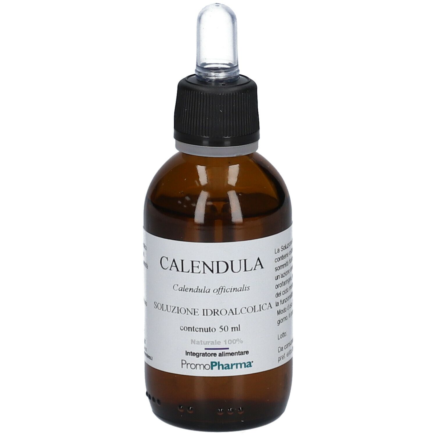 Flacone in vetro marrone con tappo nero e contagocce. Etichetta con nome prodotto e marchio PromoPharma®.