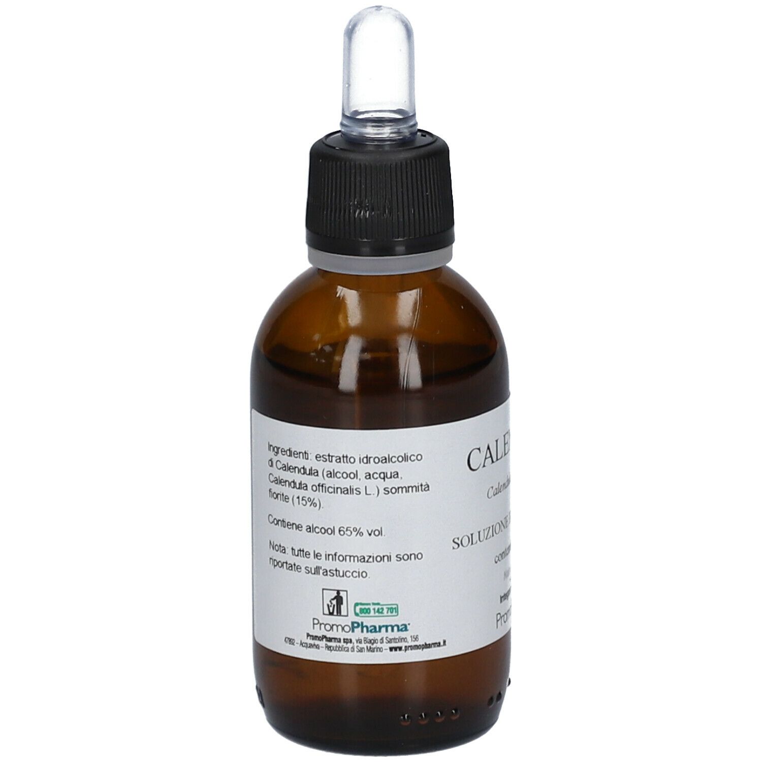 Flacone in vetro marrone con tappo nero e contagocce. Etichetta con ingredienti e marchio PromoPharma®.