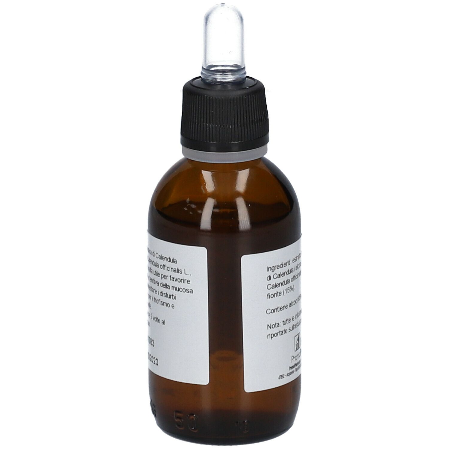 Flacone in vetro marrone con tappo nero e contagocce. Etichetta con ingredienti e marchio PromoPharma®.