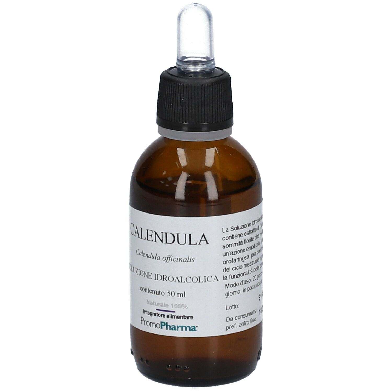 Flacone in vetro marrone con tappo nero e contagocce. Etichetta con nome prodotto e marchio PromoPharma®.