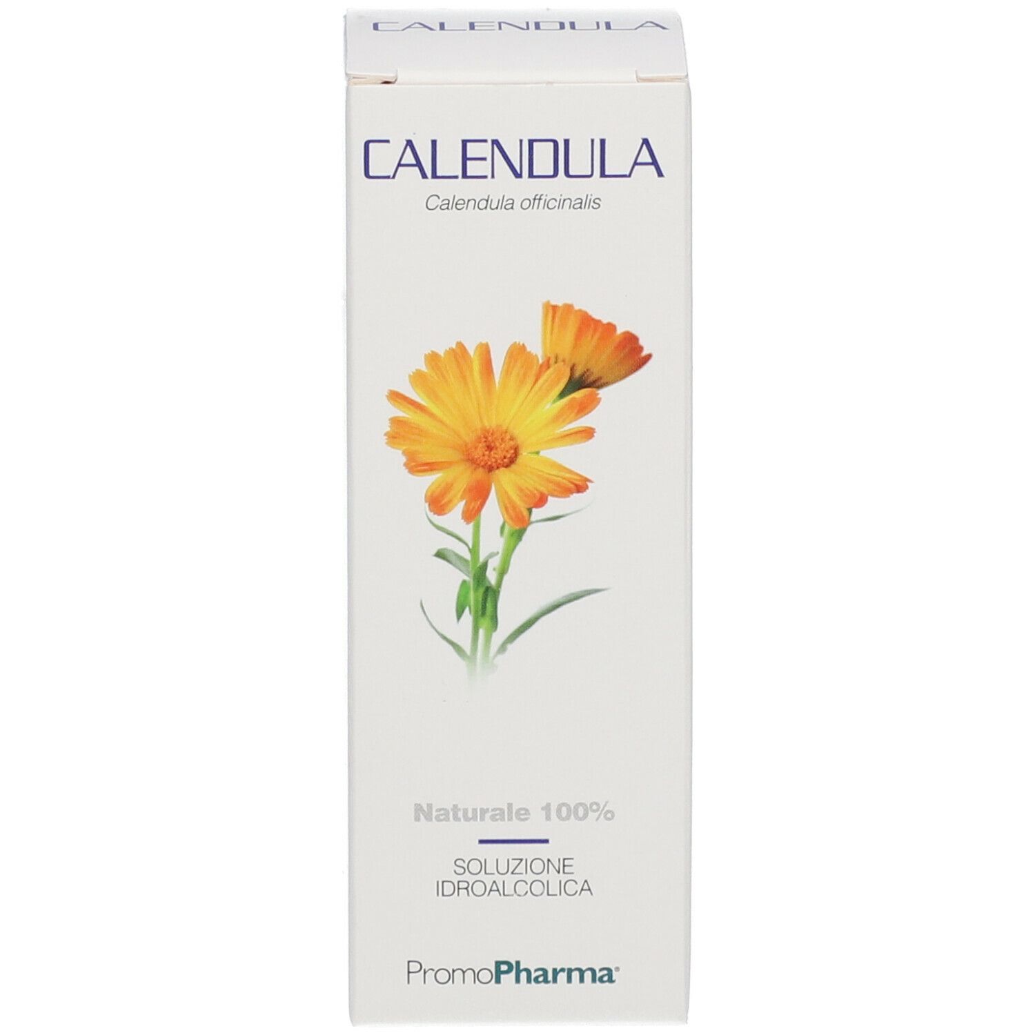 Scatola bianca con nome del prodotto e marchio PromoPharma®. Illustrazione di fiori.