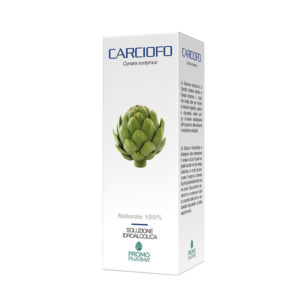 Scatola bianca con carciofo. Testo: CARCIOFO, Cynara scolymus, Naturale 100%, Soluzione idroalcolica, Promo Pharma.