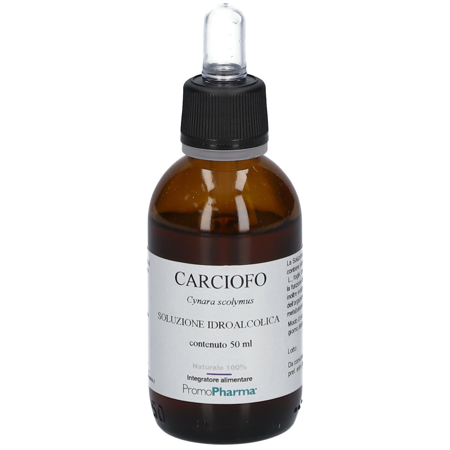 Flacone di vetro marrone con contagocce. Etichetta: CARCIOFO, Cynara scolymus, Soluzione idroalcolica, 50 ml, Promo Pharma.
