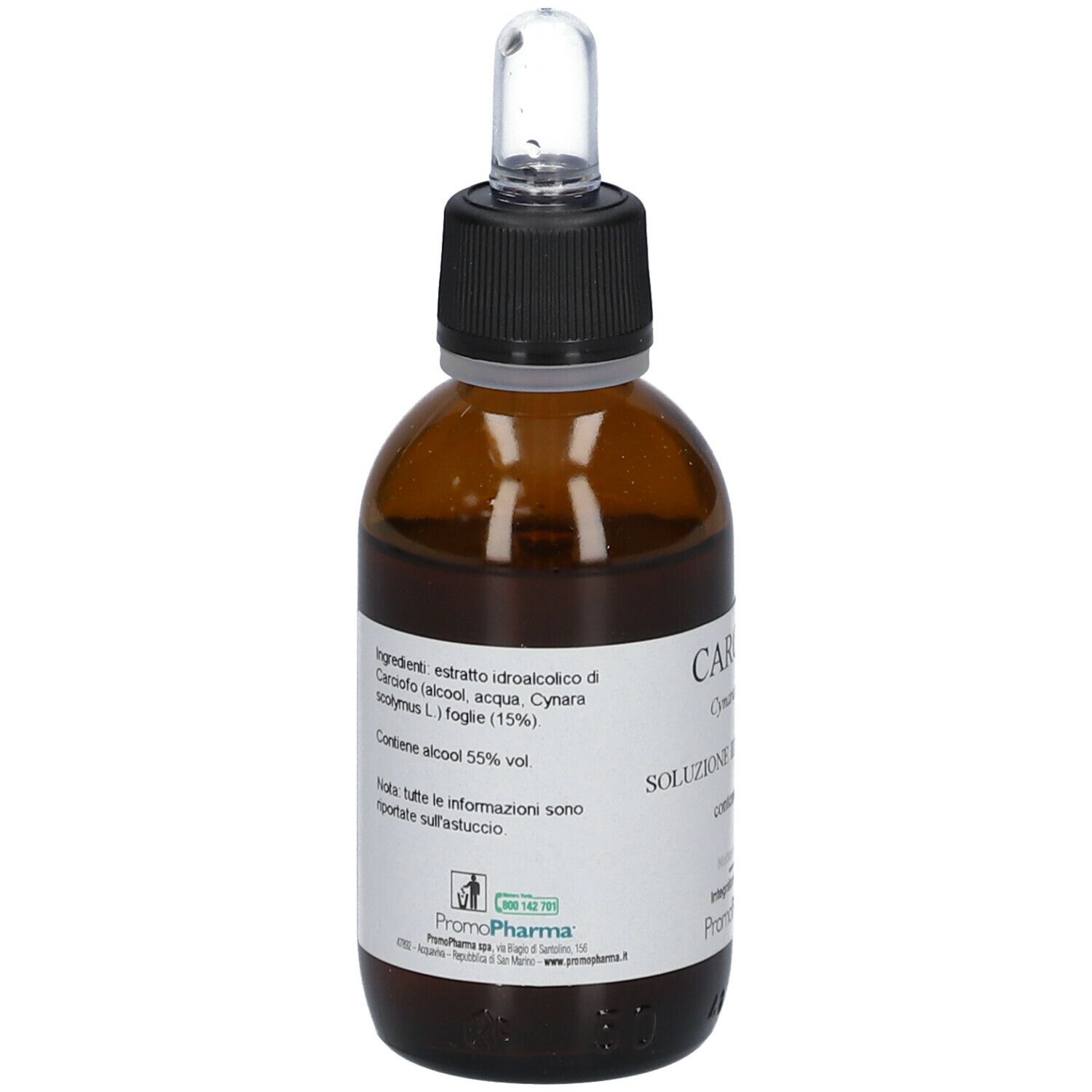 Flacone di vetro marrone con contagocce. Etichetta: CARCIOFO, Cynara scolymus, Soluzione idroalcolica, Ingredienti, 55% vol, Promo Pharma.