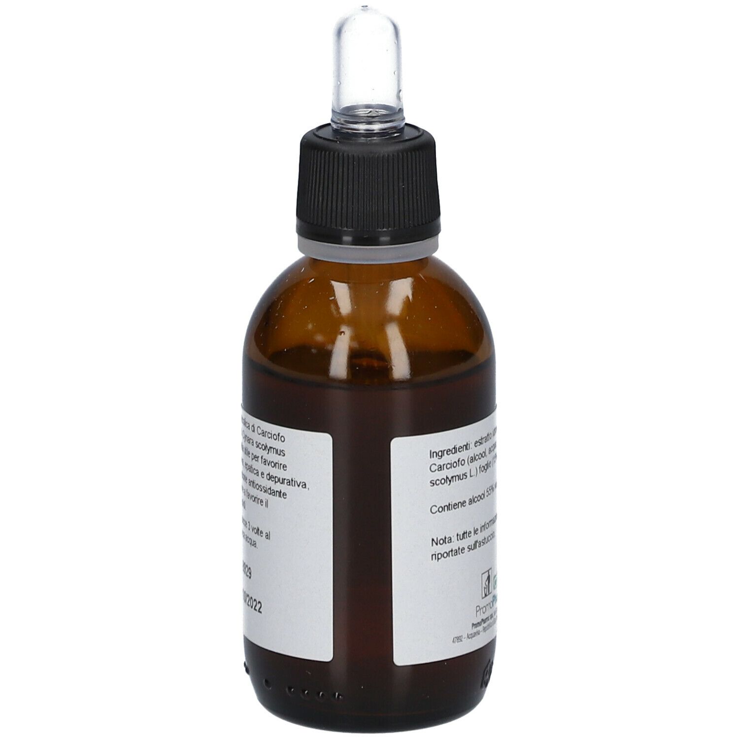 Flacone di vetro marrone con contagocce. Etichetta: CARCIOFO, Cynara scolymus, Soluzione idroalcolica, Ingredienti, 55% vol, Promo Pharma.