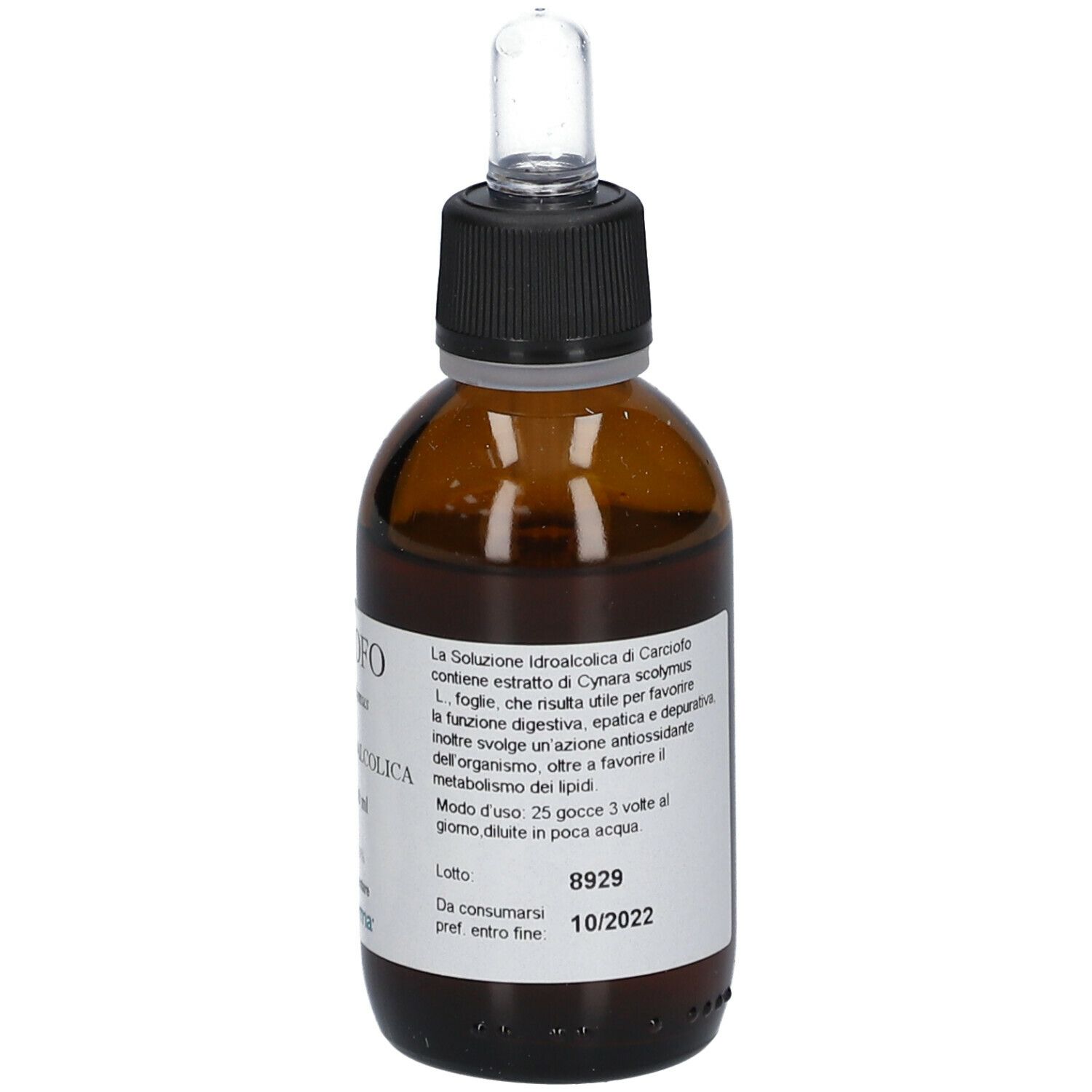 Flacone di vetro marrone con contagocce. Etichetta: CARCIOFO, Cynara scolymus, Soluzione idroalcolica, 50 ml, Promo Pharma, lotto, scadenza.