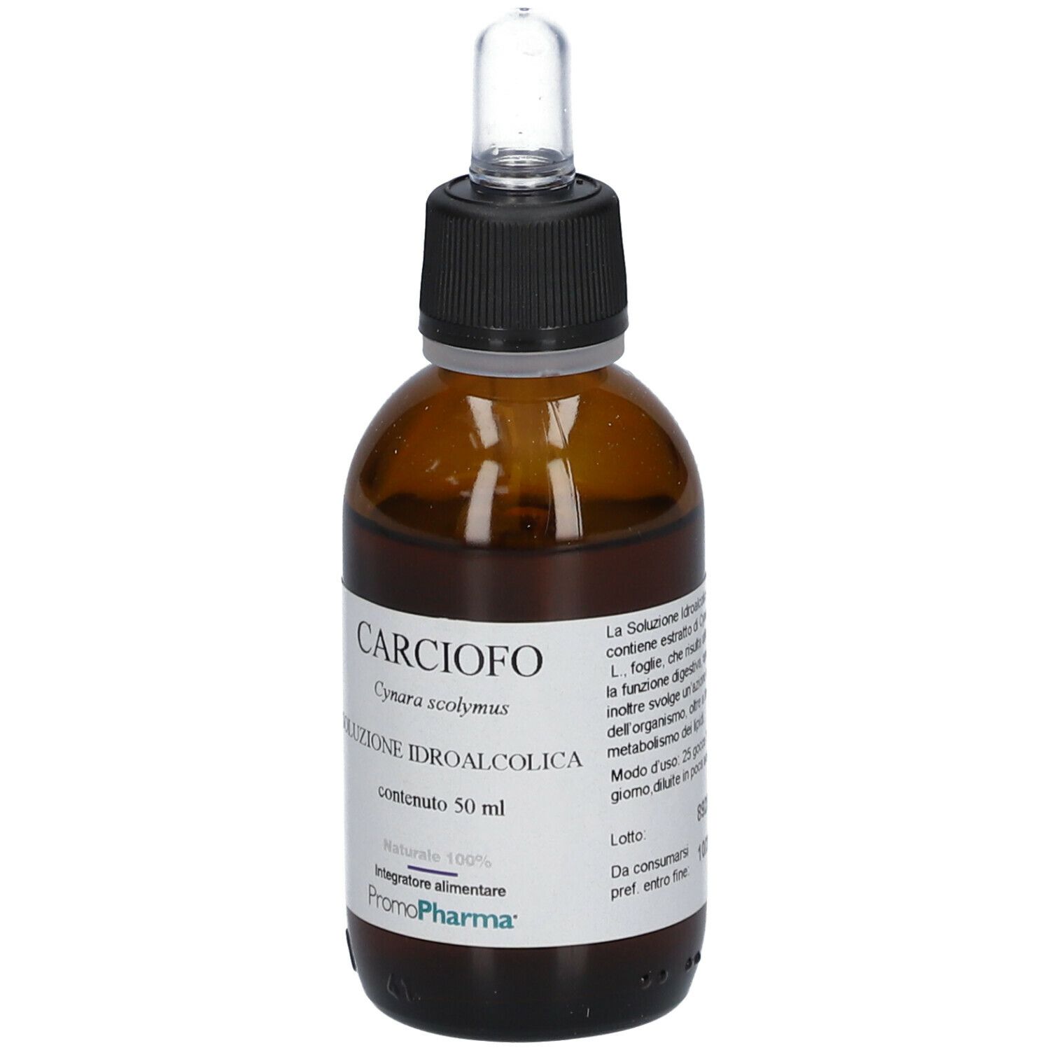 Flacone di vetro marrone con contagocce. Etichetta: CARCIOFO, Cynara scolymus, Soluzione idroalcolica, 50 ml, Naturale 100%, Promo Pharma.