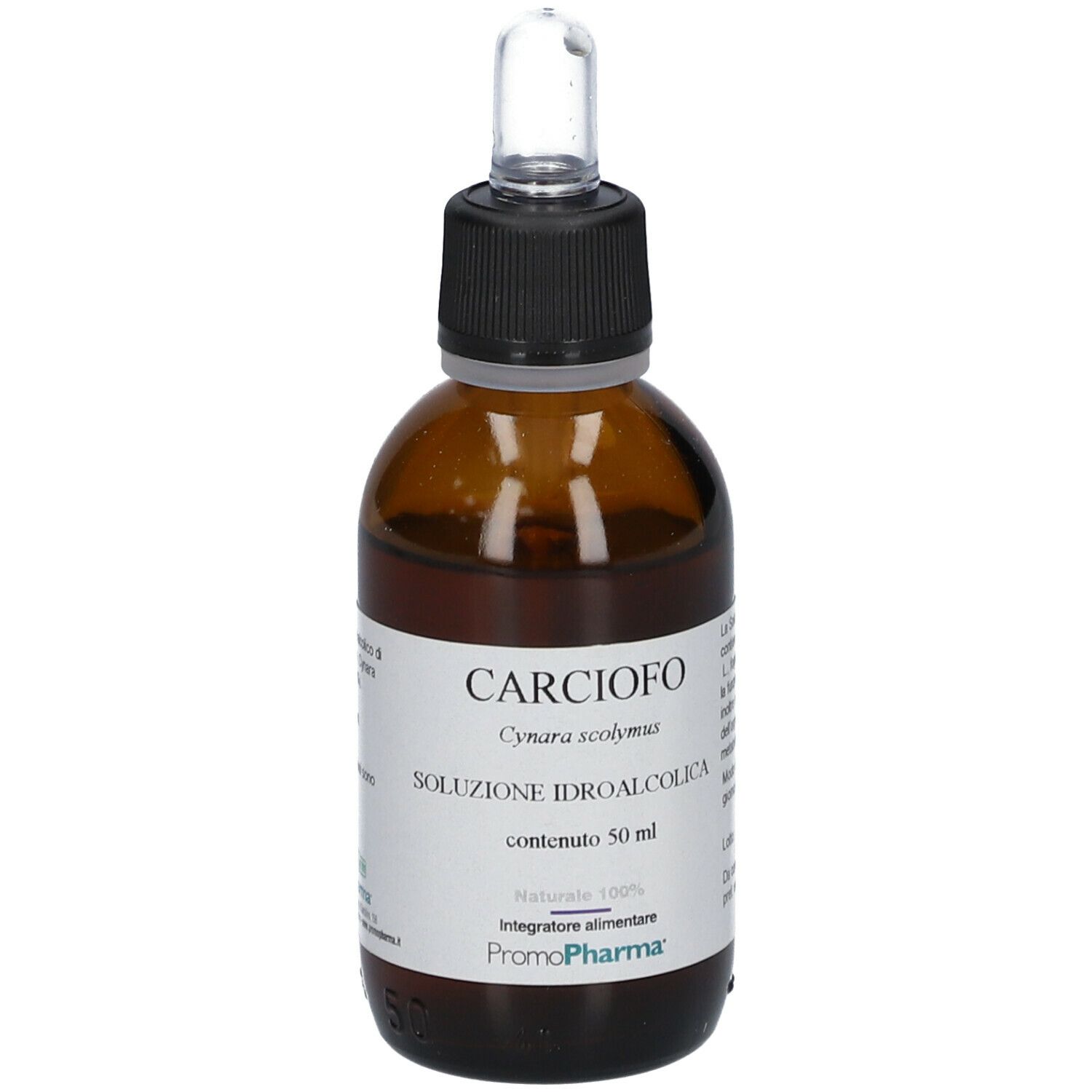 Flacone di vetro marrone con contagocce. Etichetta: CARCIOFO, Cynara scolymus, Soluzione idroalcolica, 50 ml, Naturale 100%, Promo Pharma.