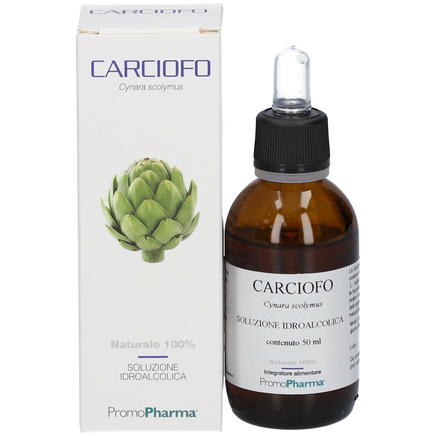 Flacone marrone con contagocce e scatola bianca. Flacone: CARCIOFO, 50 ml. Scatola: Carciofo, CARCIOFO, Promo Pharma.