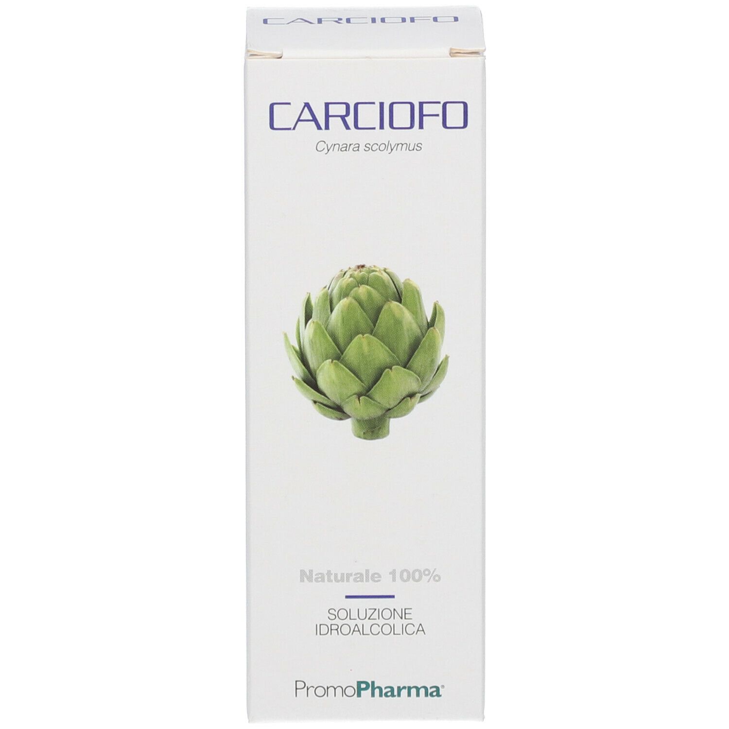 Scatola bianca con carciofo. Testo: CARCIOFO, Cynara scolymus, Naturale 100%, Soluzione idroalcolica, Promo Pharma.