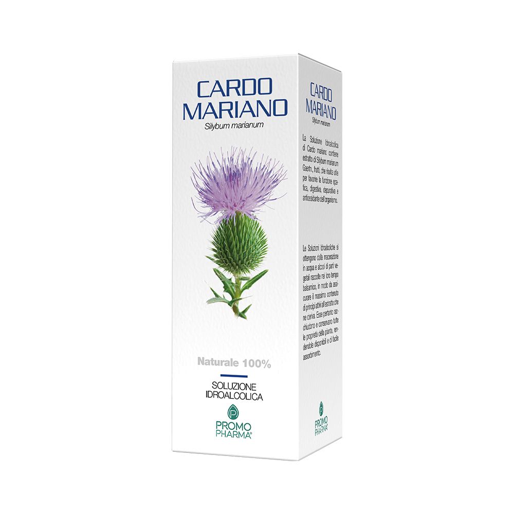 Confezione in cartone con nome Cardo Mariano, illustrazione di fiore di cardo, testo in italiano.