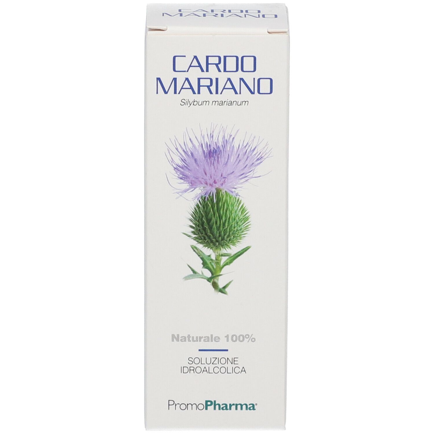 Confezione in cartone bianca con nome Cardo Mariano, illustrazione di fiore di cardo, testo in italiano.