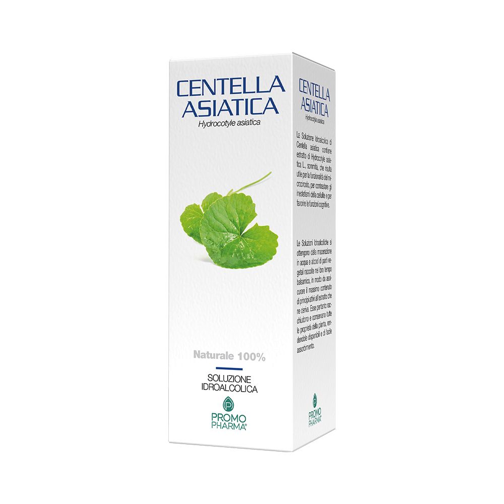Scatola bianca con logo Centella Asiatica e foglie. Testo: Soluzione Idroalcolica, Naturale 100%. Logo PromoPharma.