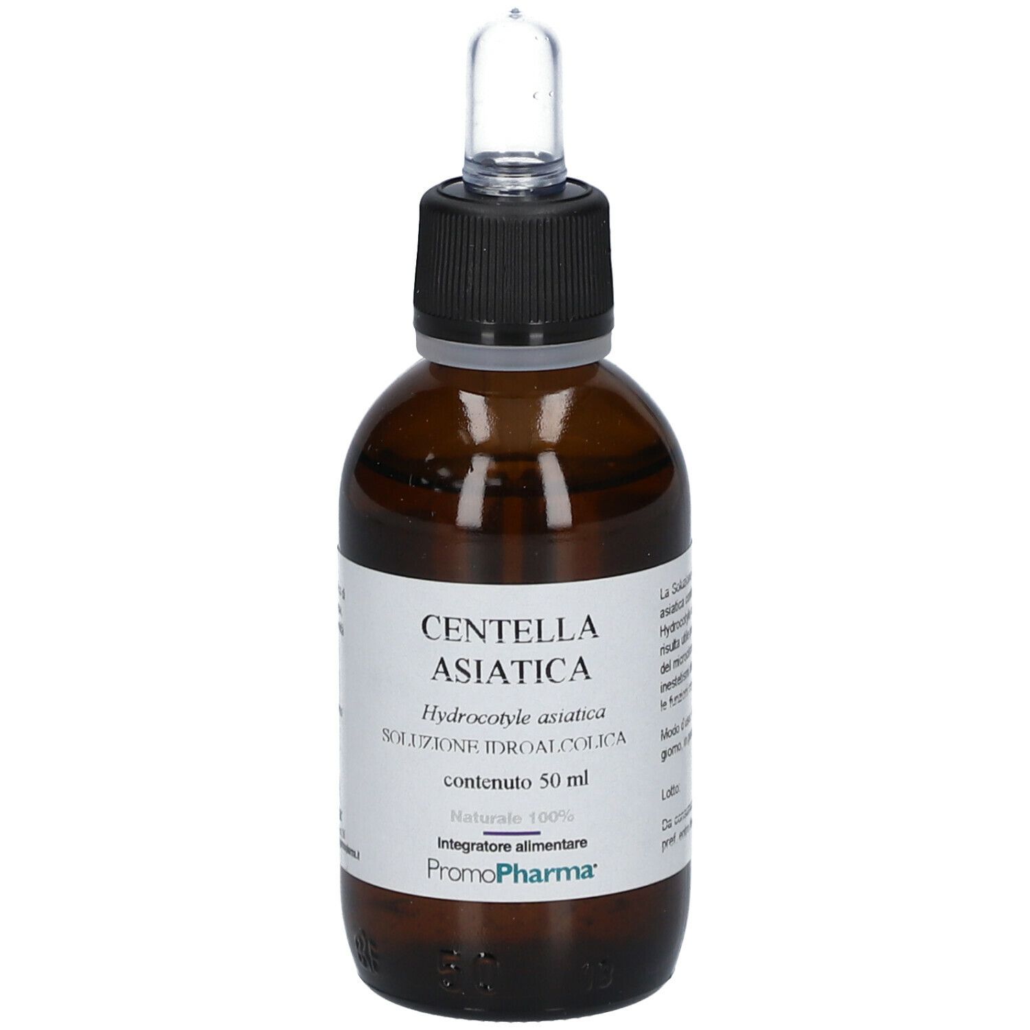 Flacone di vetro marrone con tappo nero e pipetta. Etichetta con Centella Asiatica, Hydrocotyle asiatica, 50 ml.