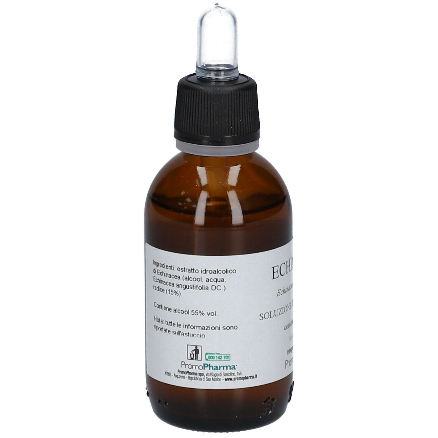 Flacone di vetro marrone con tappo nero e contagocce. Etichetta con ingredienti e contenuto alcolico. Marchio PromoPharma®.