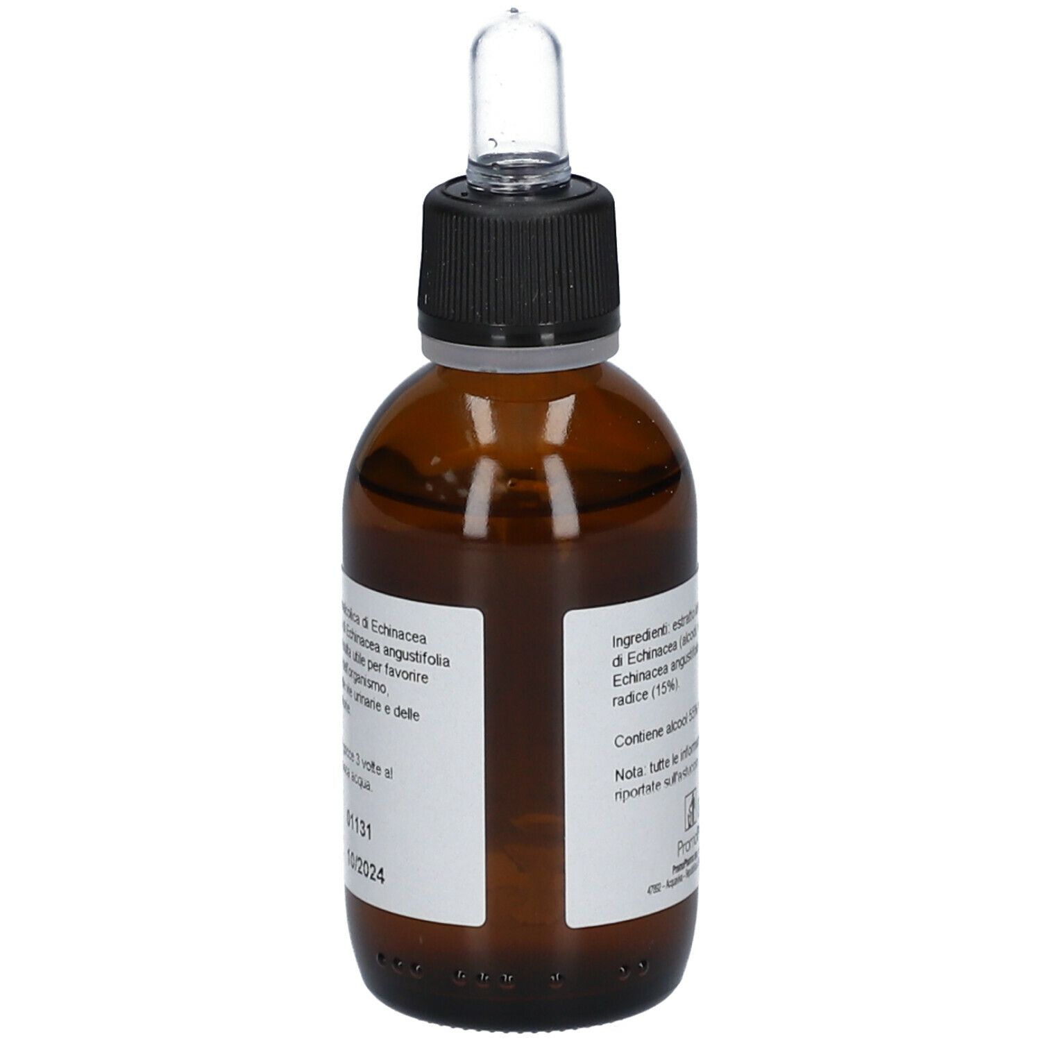 Flacone di vetro marrone con tappo nero e contagocce. Etichetta con ingredienti e informazioni. Marchio PromoPharma®.