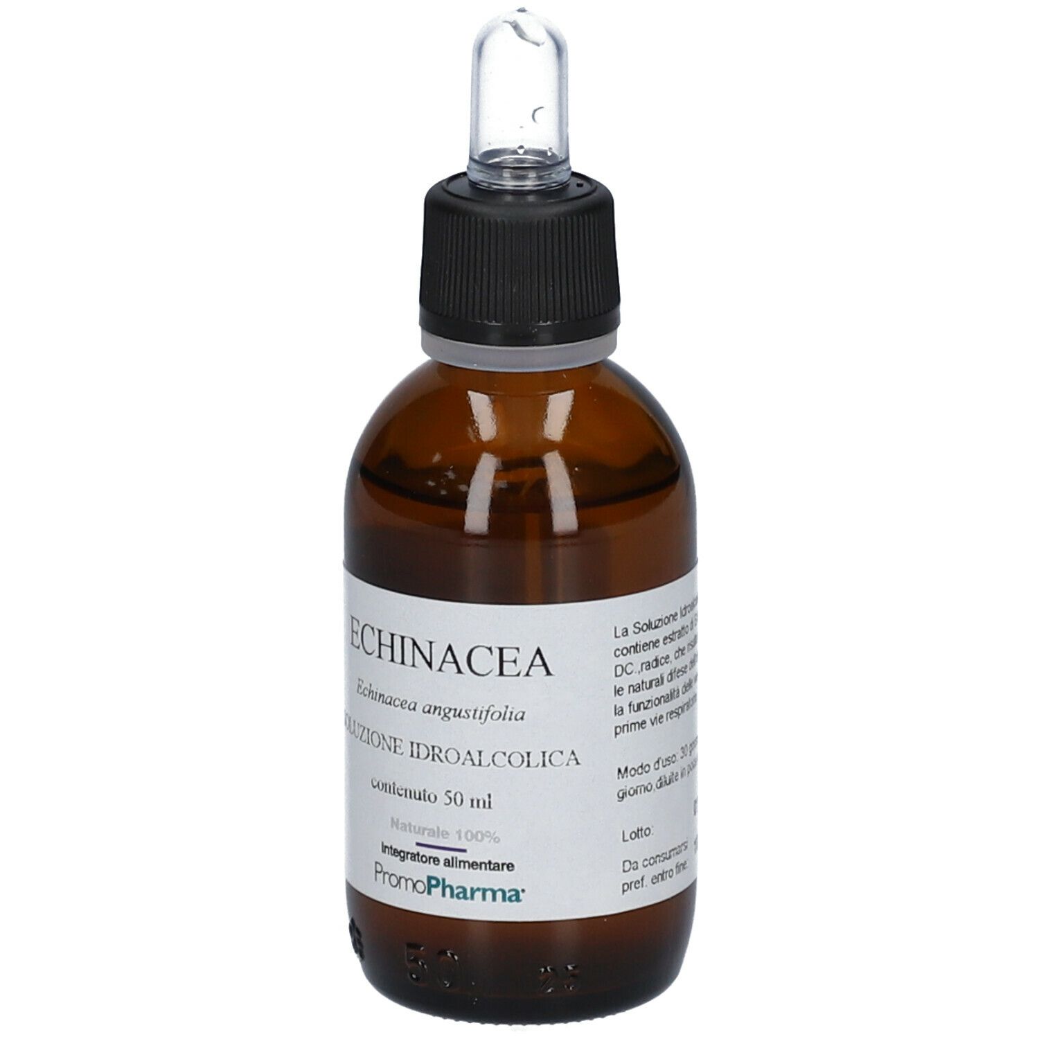 Flacone di vetro marrone con tappo nero e contagocce. Etichetta con nome del prodotto e informazioni. Marchio PromoPharma®.