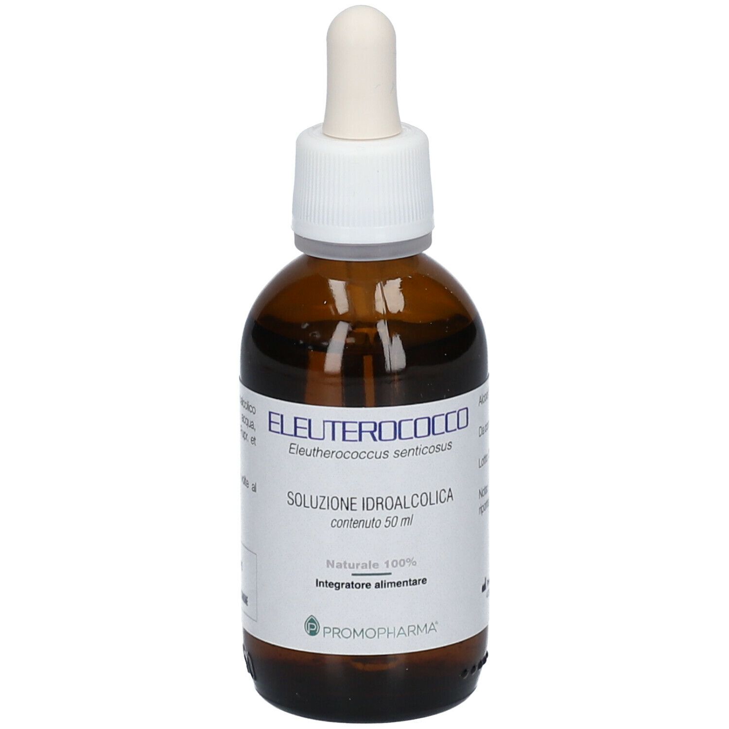 Flacone di vetro marrone con contagocce. Etichetta: Eleuterococco, Soluzione idroalcolica, 50 ml. Produttore: PromoPharma.