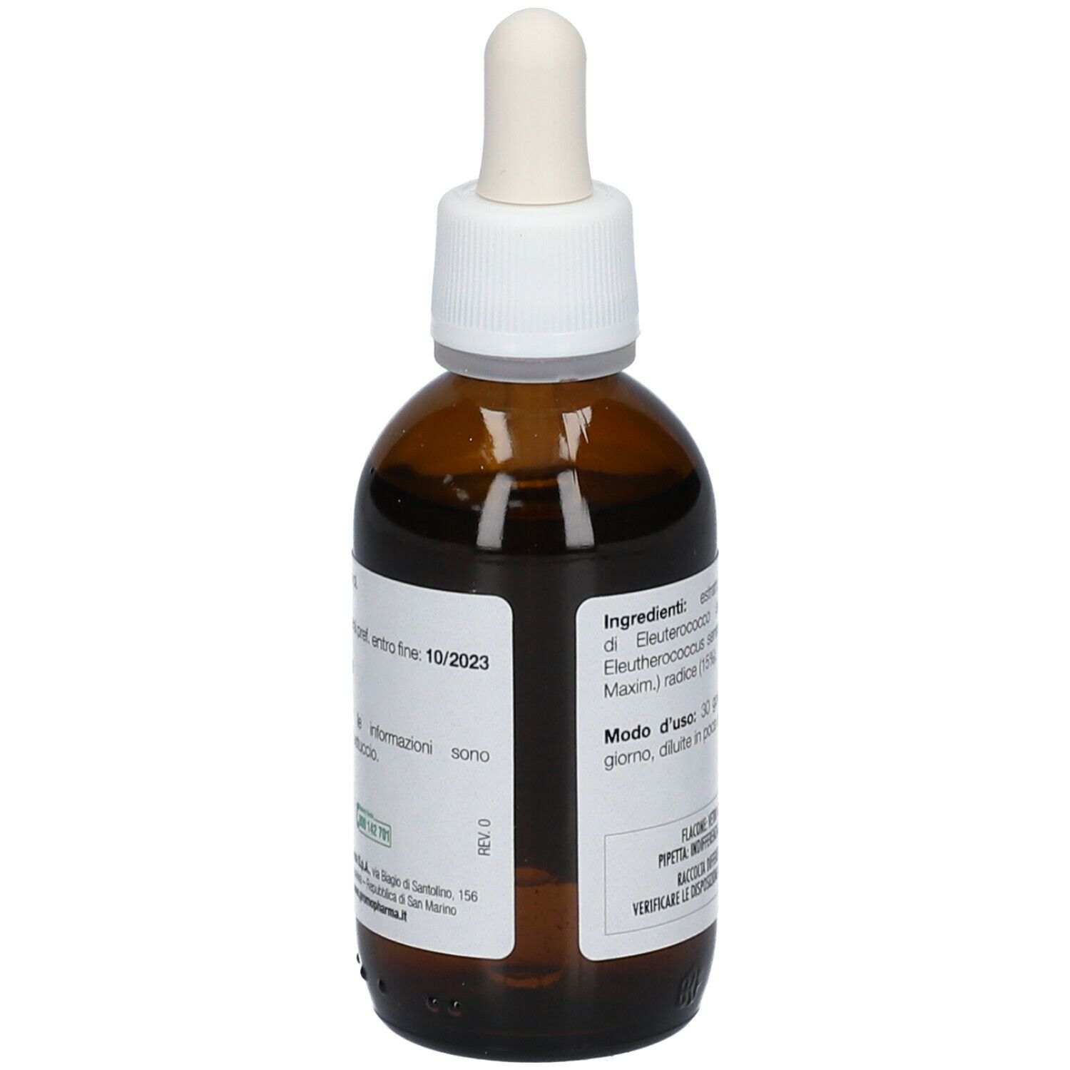 Flacone di vetro marrone con contagocce. Etichetta con ingredienti, scadenza. Produttore: PromoPharma. Smaltimento.