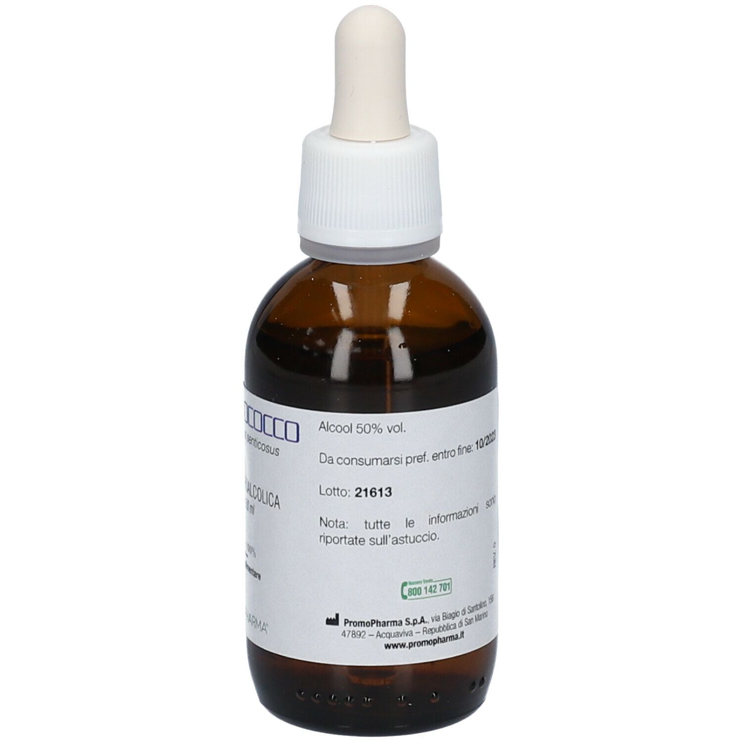 Flacone di vetro marrone con contagocce. Etichetta con gradazione alcolica, numero di lotto. Produttore: PromoPharma. Smaltimento.