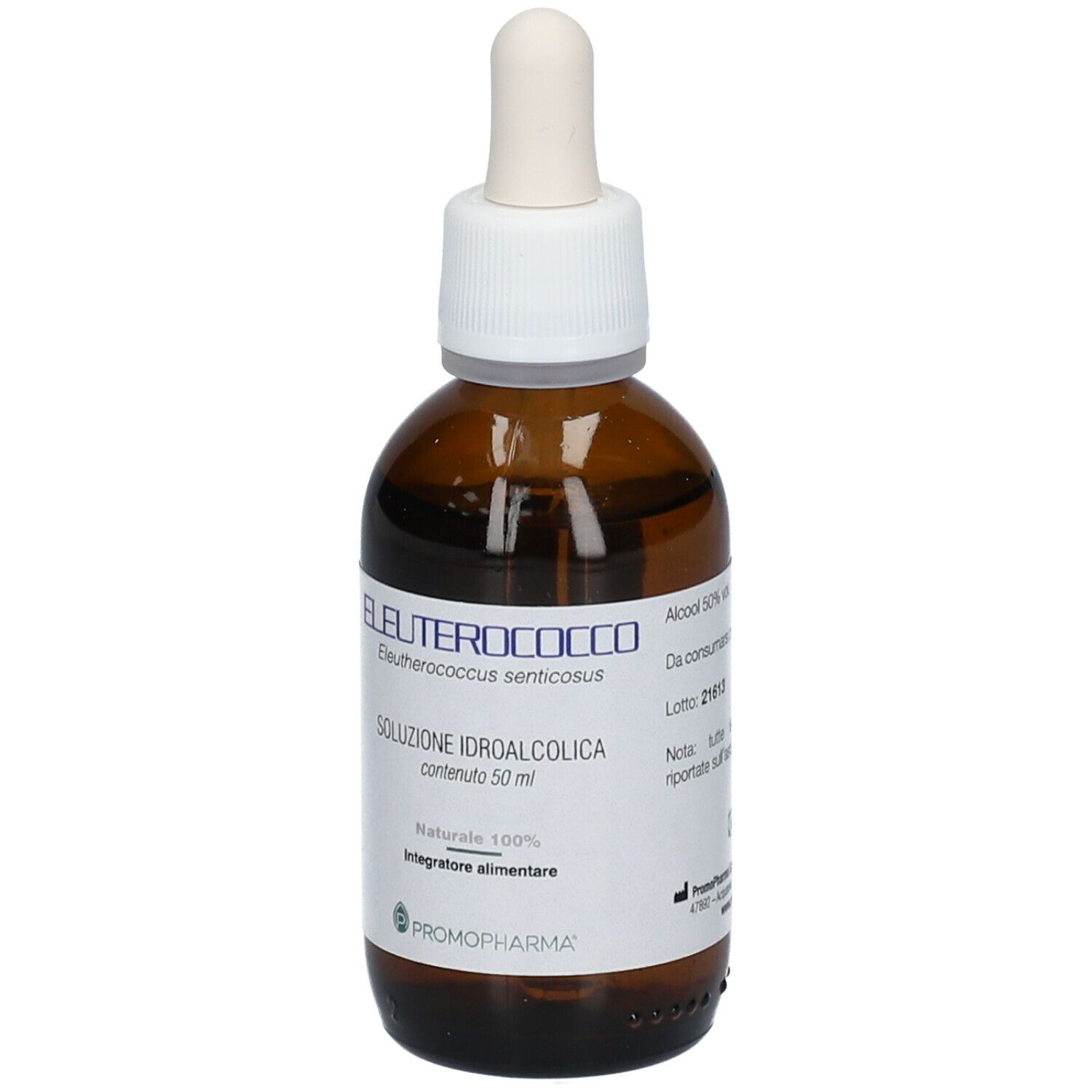 Flacone di vetro marrone con contagocce. Etichetta: Eleuterococco, Soluzione idroalcolica, 50 ml. Produttore: PromoPharma.