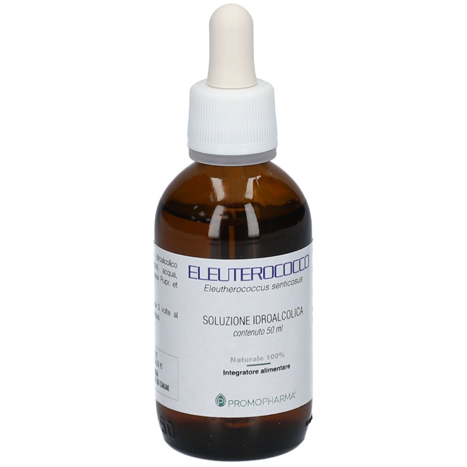 Flacone di vetro marrone con contagocce. Etichetta: Eleuterococco, Soluzione idroalcolica, 50 ml. Produttore: PromoPharma.