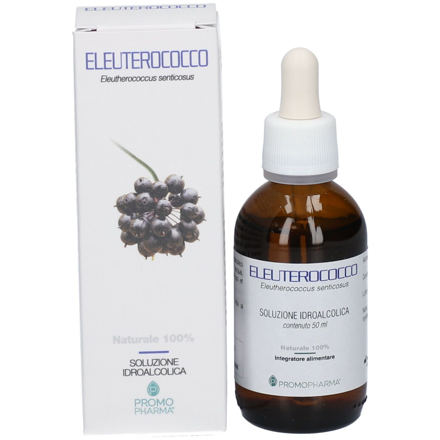Flacone di vetro marrone con contagocce accanto a scatola bianca. Etichetta: Eleuterococco, Soluzione idroalcolica, 50 ml.